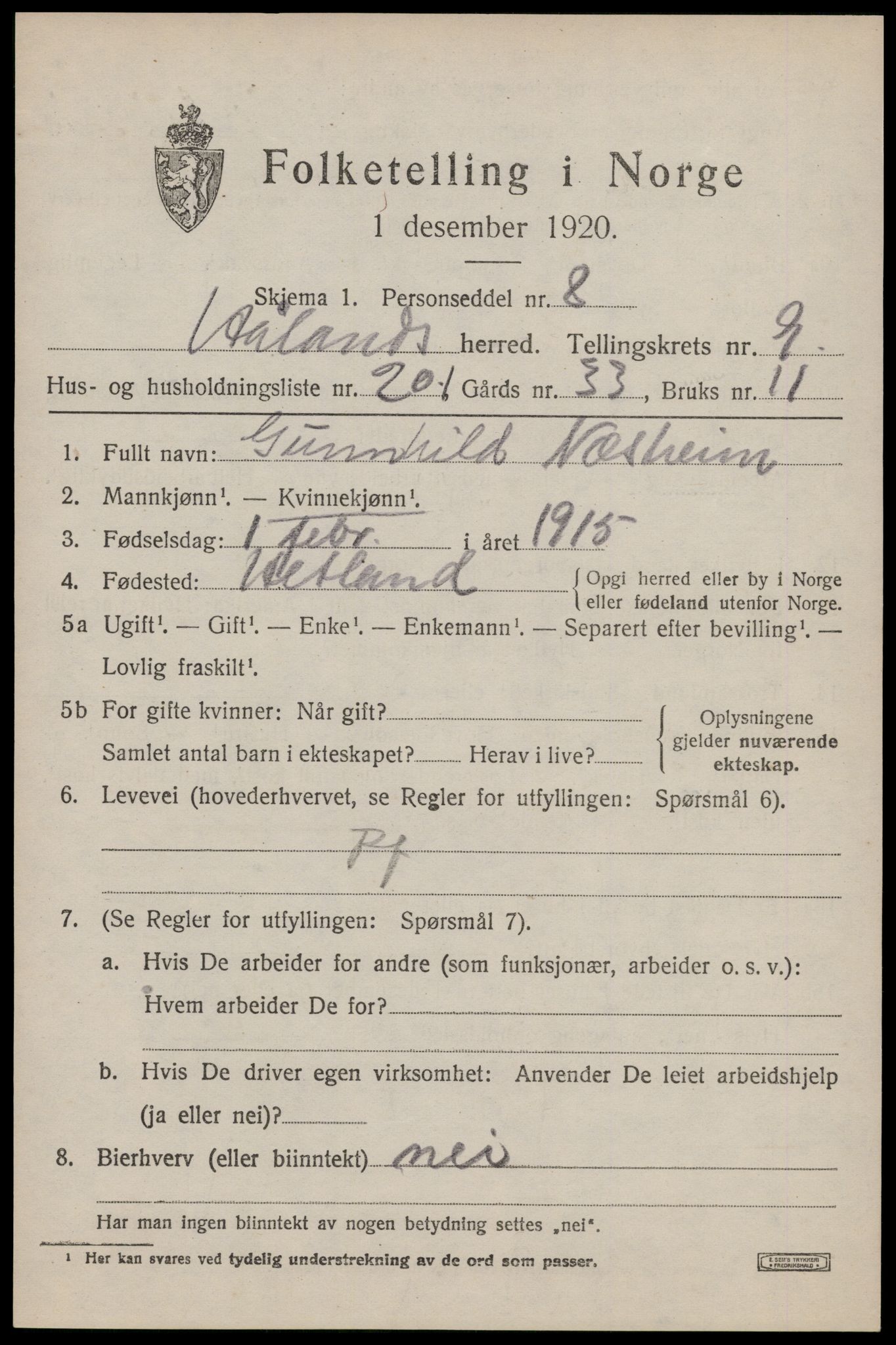 SAST, Folketelling 1920 for 1124 Håland herred, 1920, s. 7201