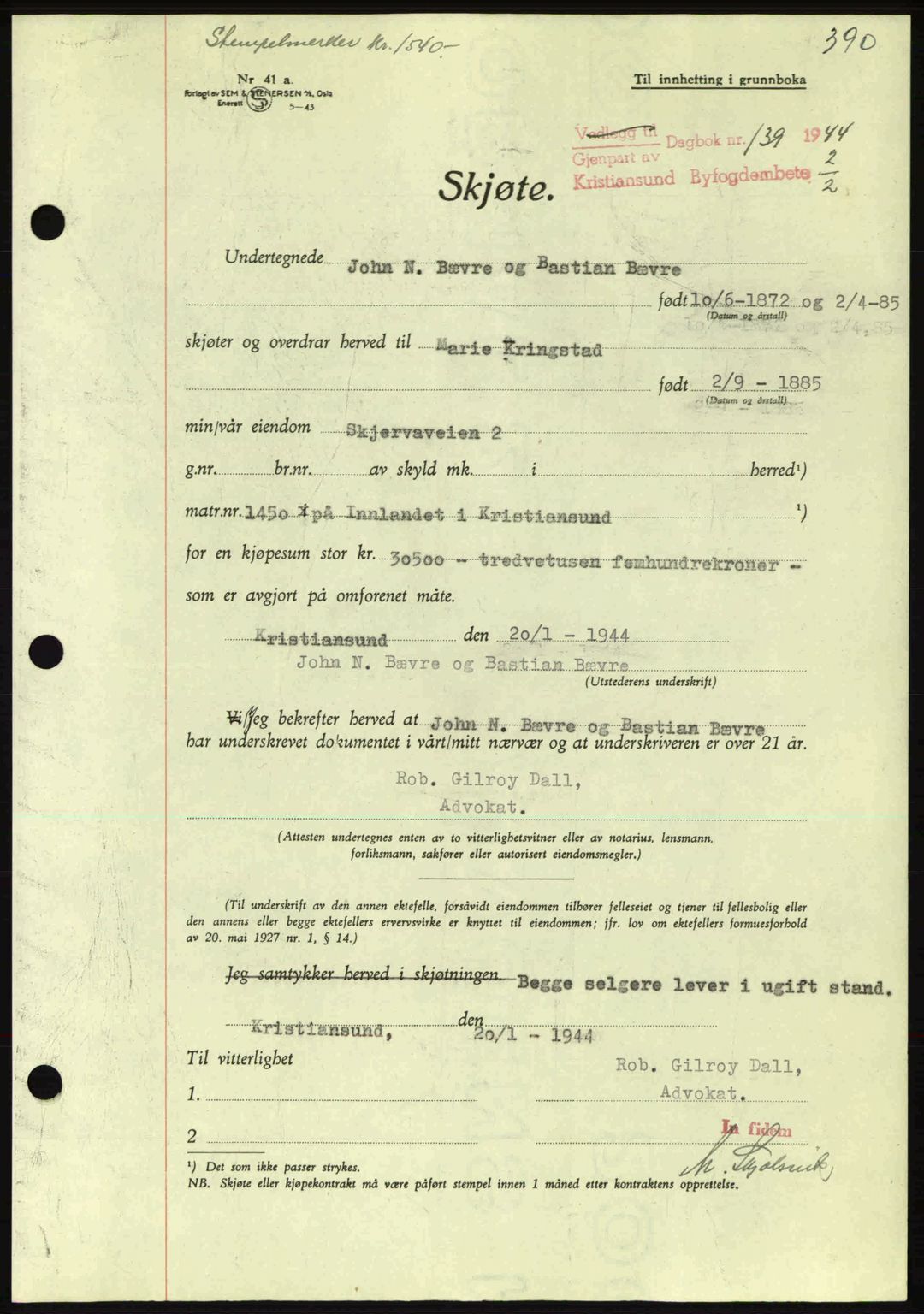 Kristiansund byfogd, AV/SAT-A-4587/A/27: Pantebok nr. 34, 1941-1945, Dagboknr: 139/1944