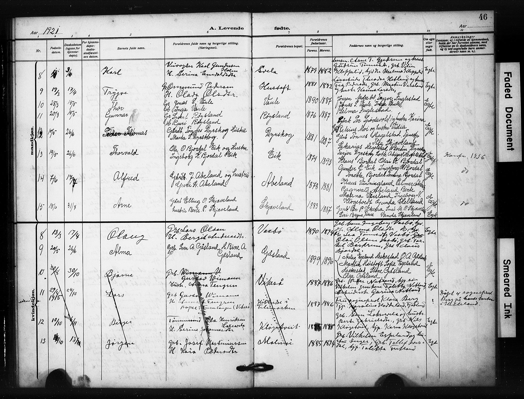 Helleland sokneprestkontor, AV/SAST-A-101810: Klokkerbok nr. B 6, 1909-1923, s. 46