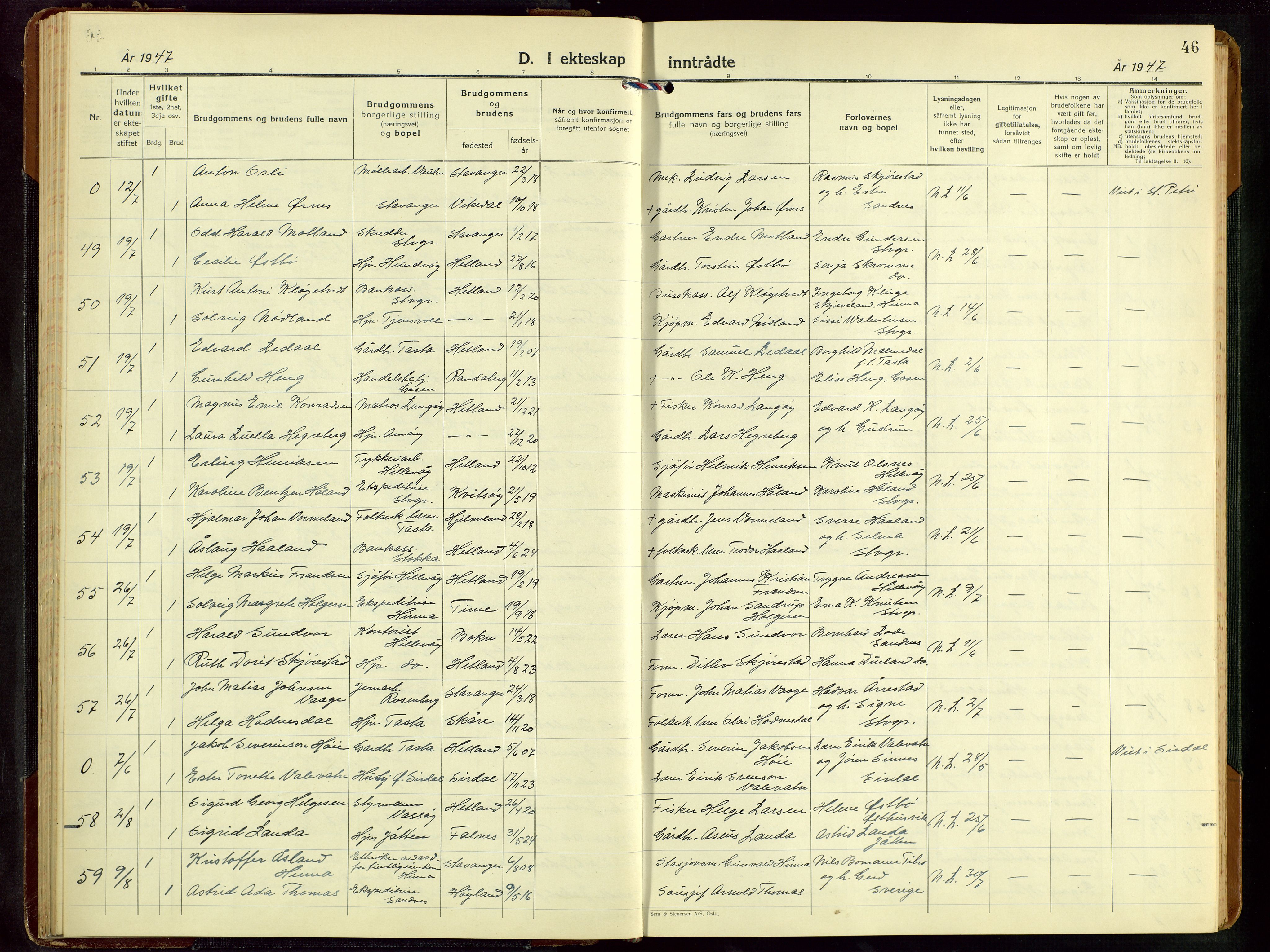 Hetland sokneprestkontor, AV/SAST-A-101826/30/30BB/L0016: Klokkerbok nr. B 16, 1942-1960, s. 46