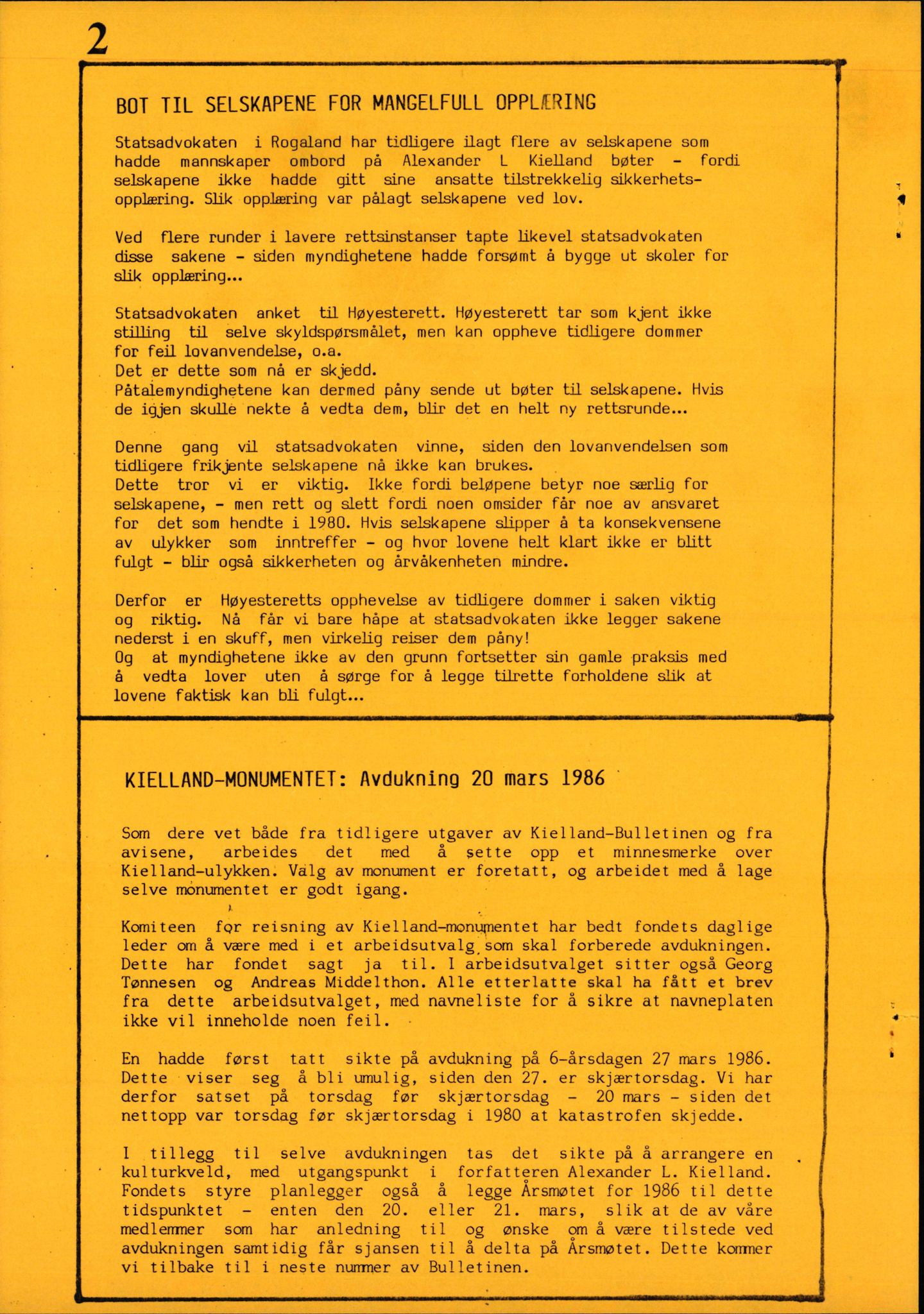 Pa 1660 - Kielland- fondet, AV/SAST-A-102242/X/Xa/L0001: Rapport til overlevende og etterlatte/ Kielland Bulletin, 1980-1998