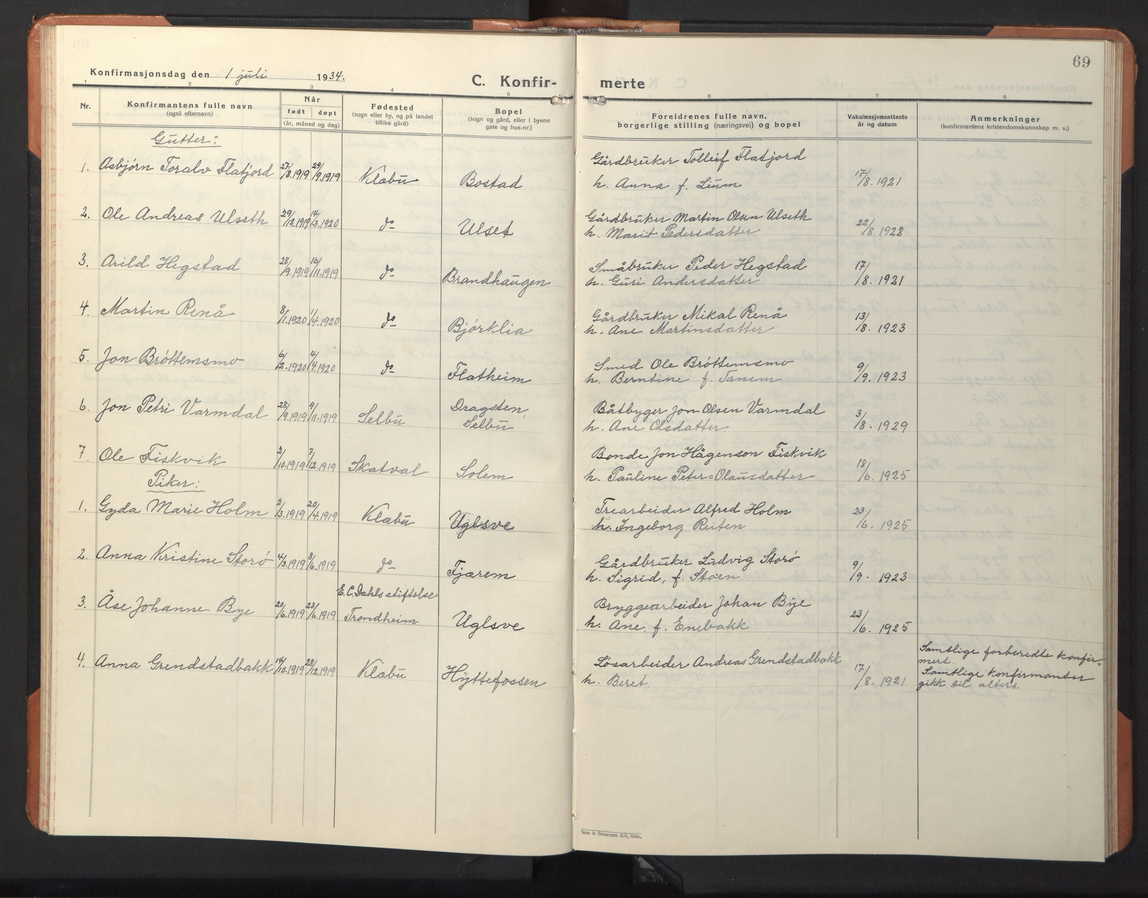Ministerialprotokoller, klokkerbøker og fødselsregistre - Sør-Trøndelag, AV/SAT-A-1456/618/L0454: Klokkerbok nr. 618C05, 1926-1946, s. 69