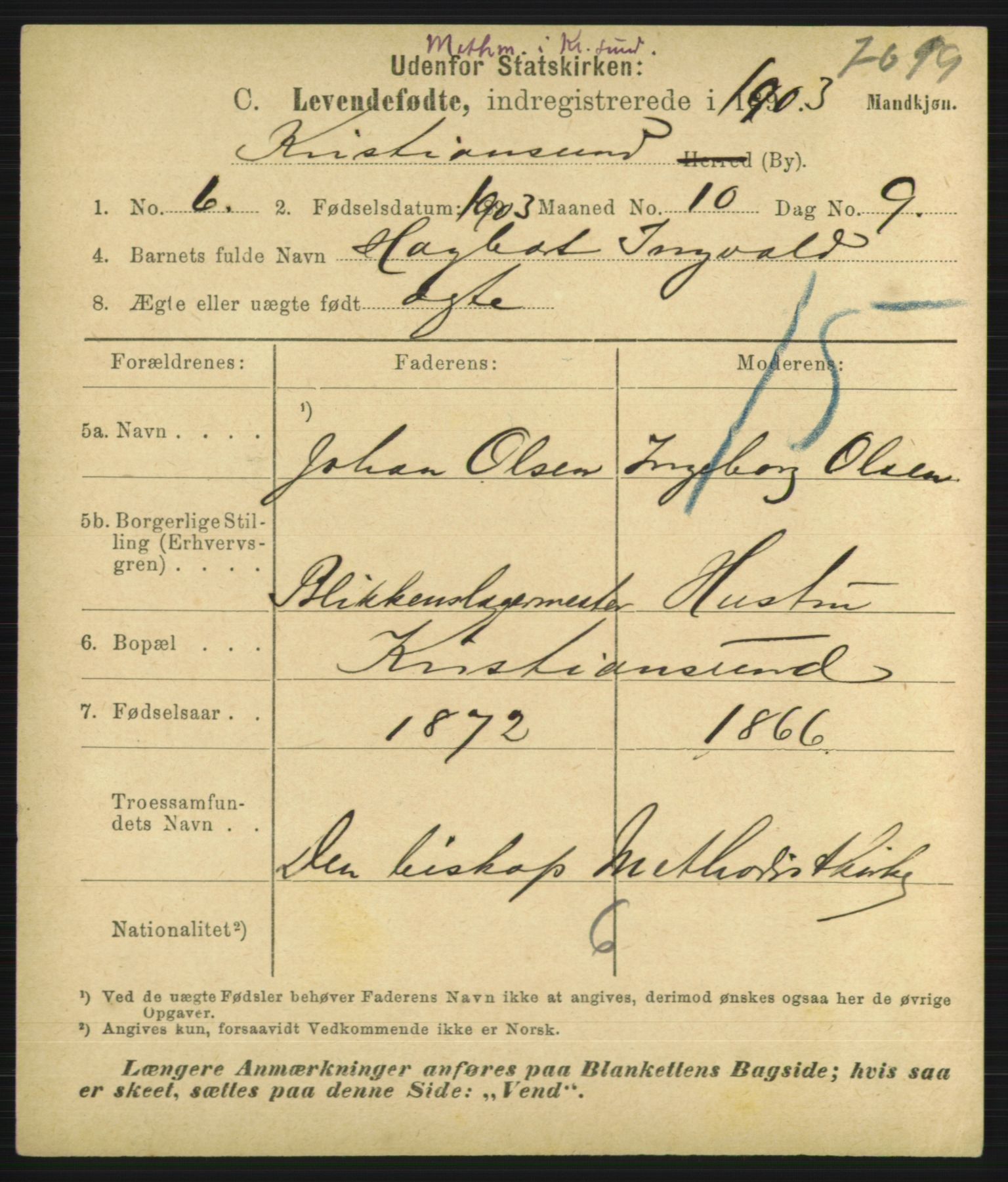 Statistisk sentralbyrå, Sosiodemografiske emner, Befolkning, RA/S-2228/D/Df/Dfa/Dfaa/L0016: Romsdal amt: Fødte, gifte, døde., 1903, s. 467