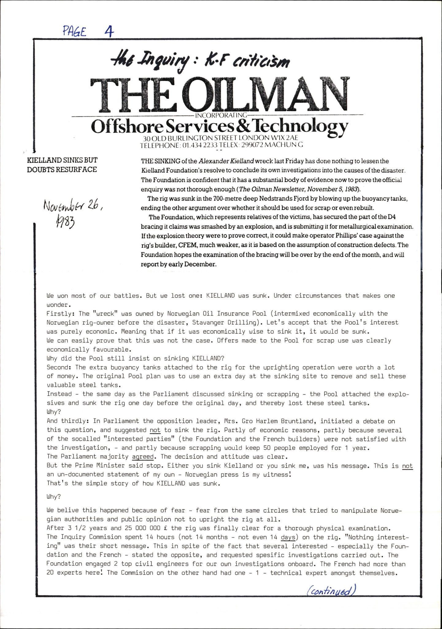 Pa 1660 - Kielland- fondet, AV/SAST-A-102242/X/Xa/L0001: Rapport til overlevende og etterlatte/ Kielland Bulletin, 1980-1998