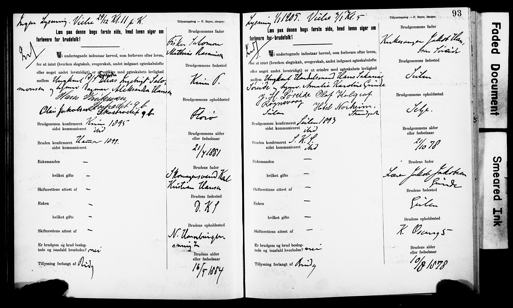 Korskirken sokneprestembete, SAB/A-76101: Forlovererklæringer nr. II.5.8, 1903-1908, s. 93