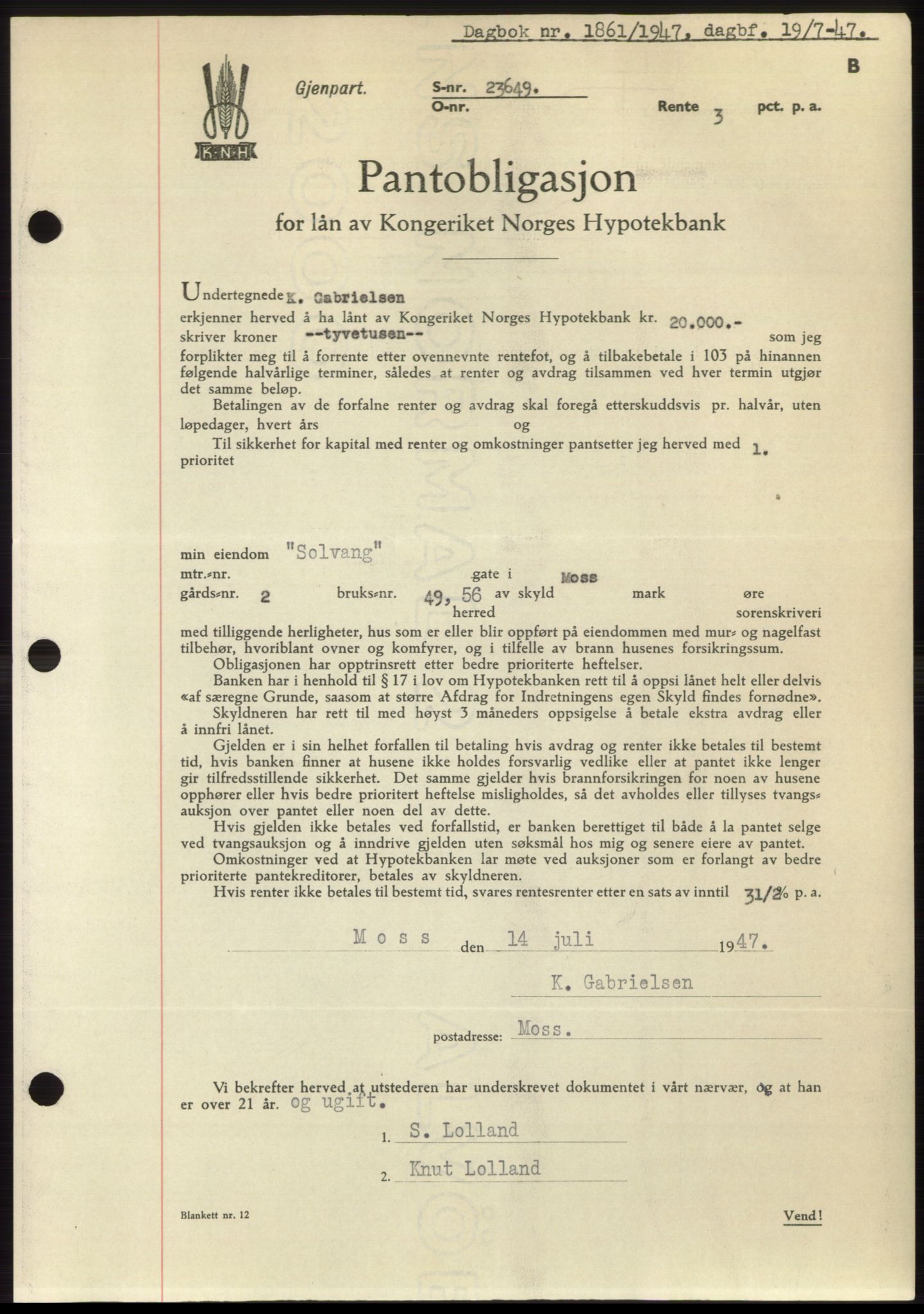 Moss sorenskriveri, SAO/A-10168: Pantebok nr. B17, 1947-1947, Dagboknr: 1861/1947