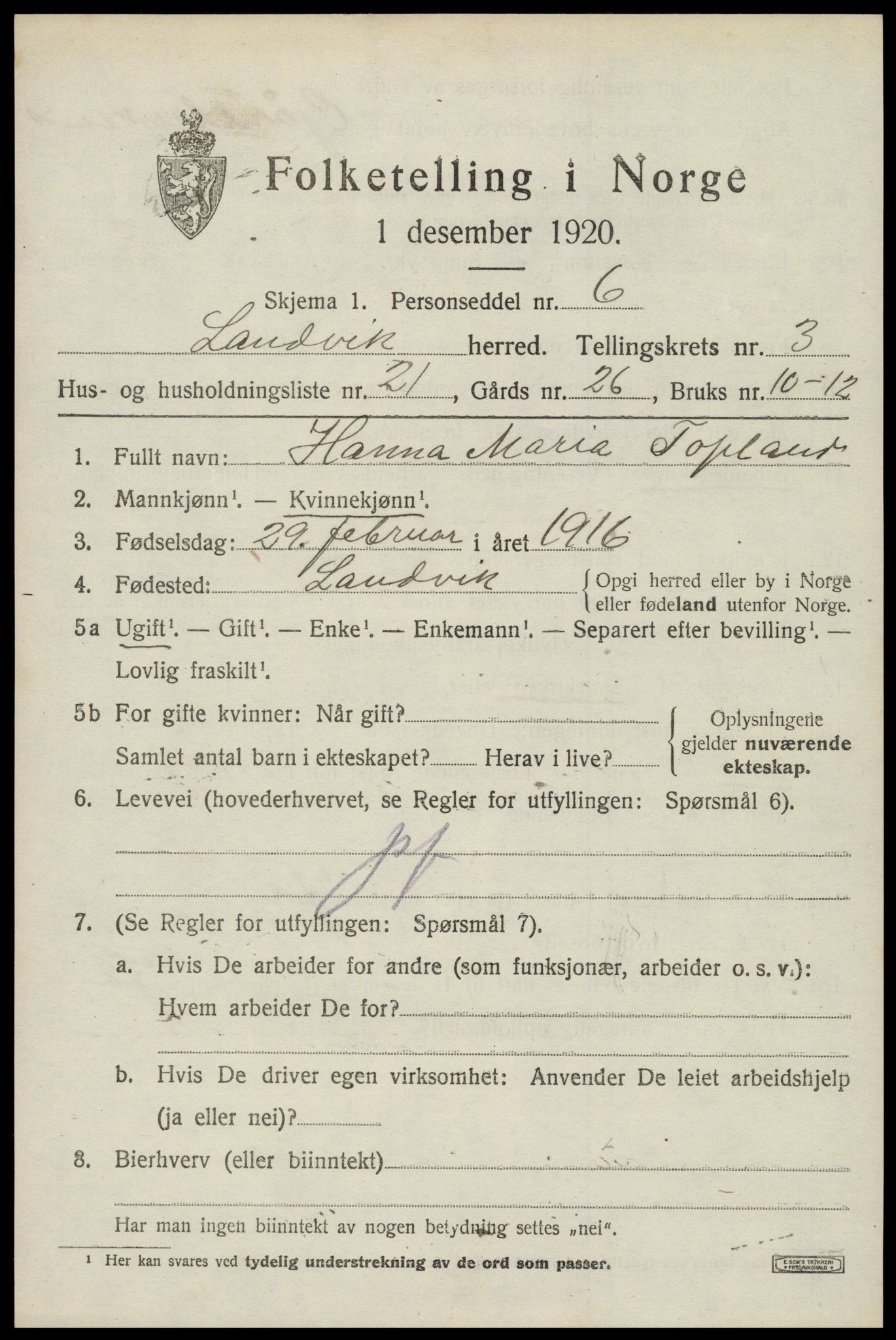 SAK, Folketelling 1920 for 0924 Landvik herred, 1920, s. 3160