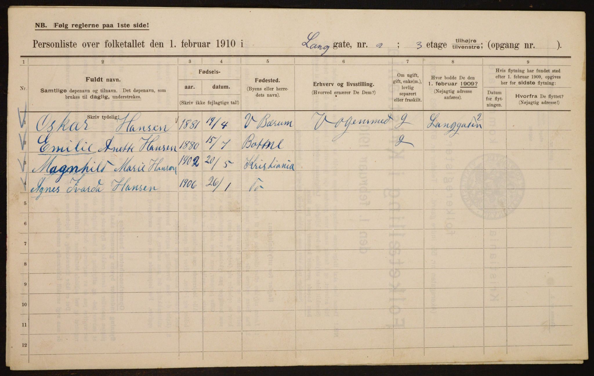 OBA, Kommunal folketelling 1.2.1910 for Kristiania, 1910, s. 54463