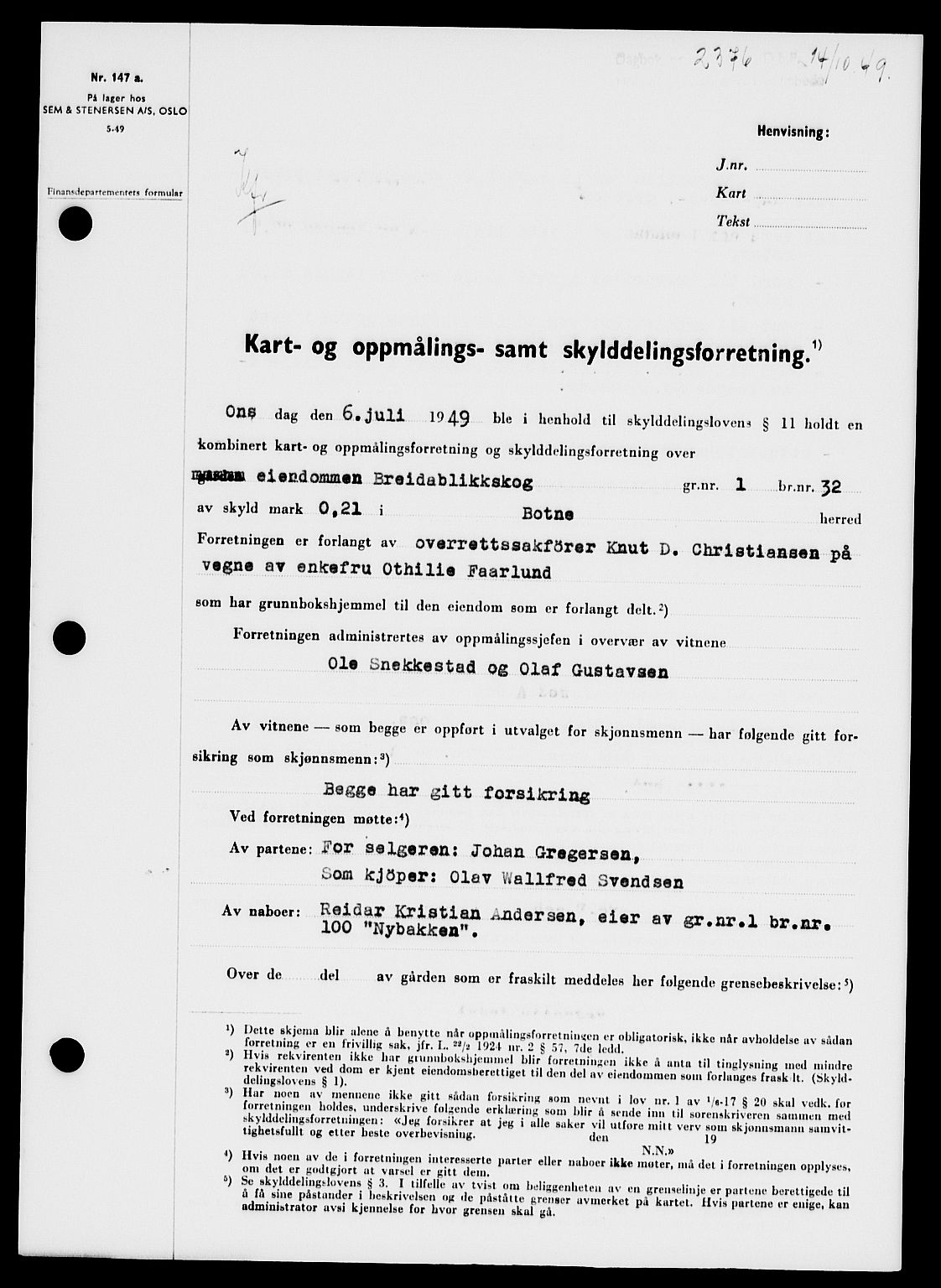 Holmestrand sorenskriveri, SAKO/A-67/G/Ga/Gaa/L0067: Pantebok nr. A-67, 1949-1949, Dagboknr: 2376/1949