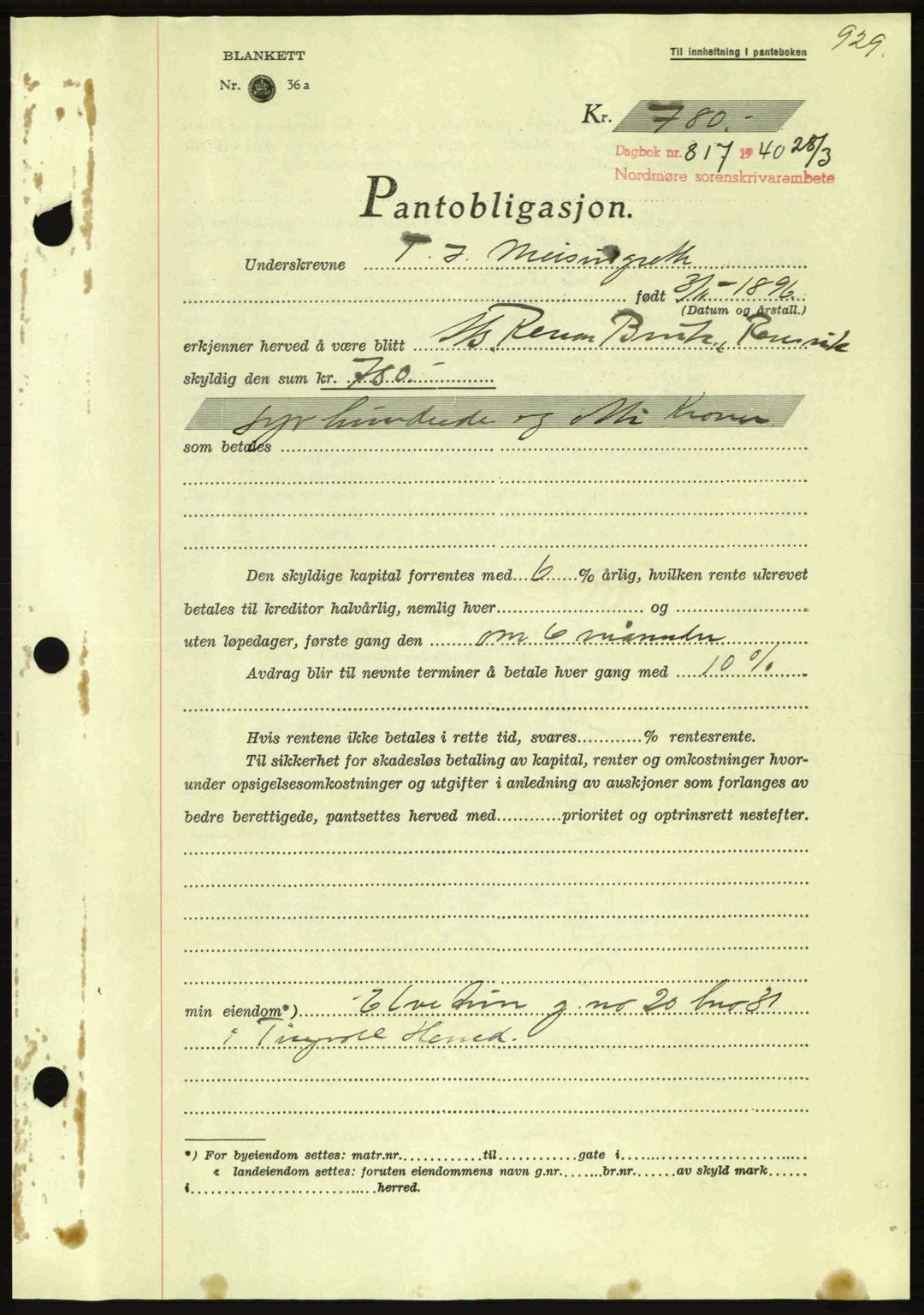 Nordmøre sorenskriveri, AV/SAT-A-4132/1/2/2Ca: Pantebok nr. B86, 1939-1940, Dagboknr: 817/1940
