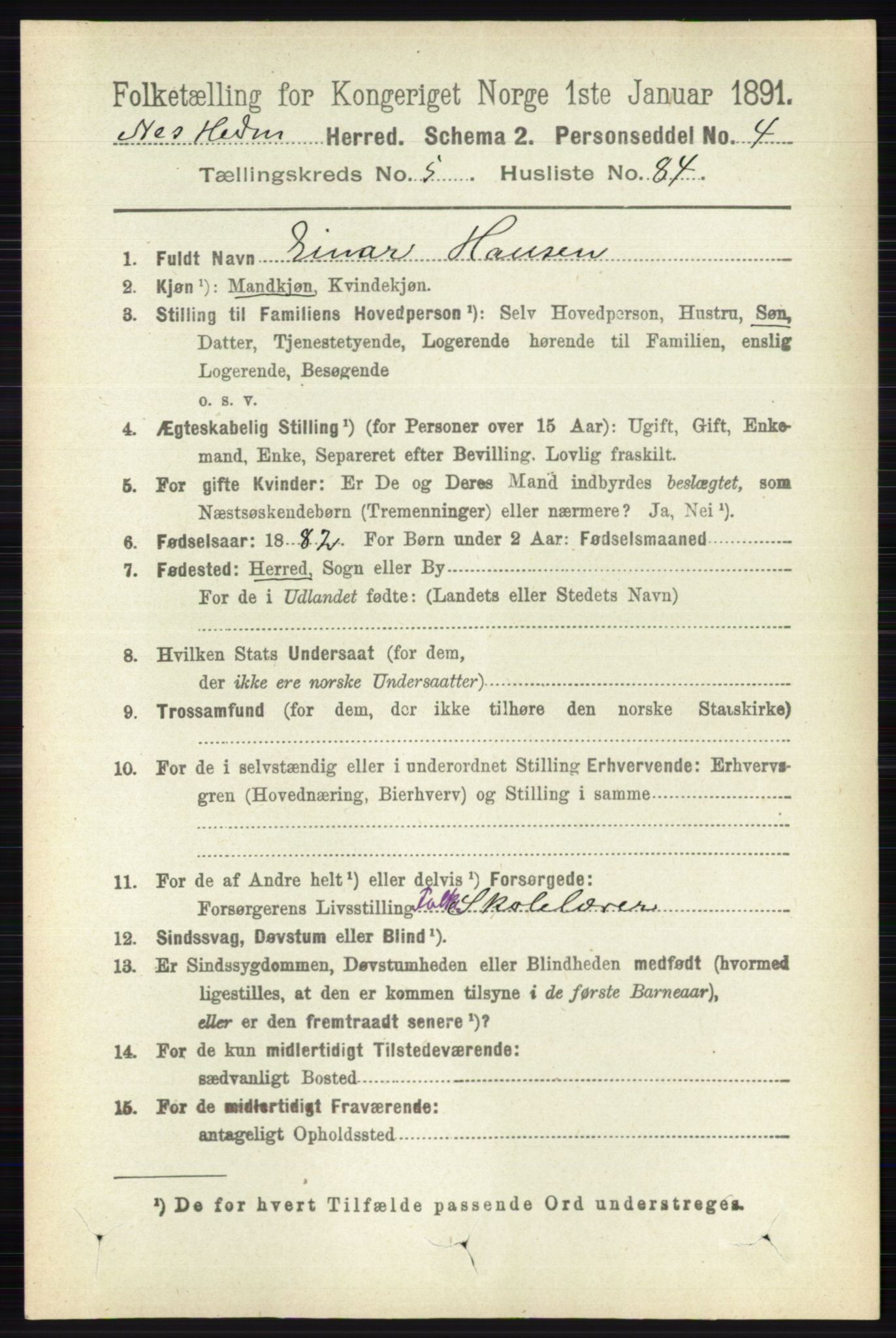 RA, Folketelling 1891 for 0411 Nes herred, 1891, s. 3153