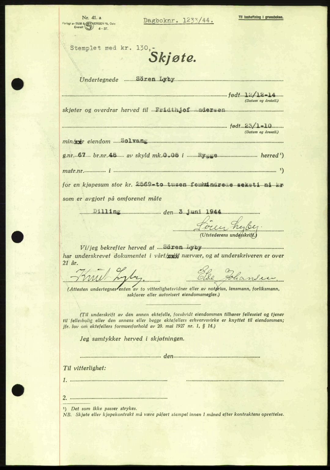 Moss sorenskriveri, SAO/A-10168: Pantebok nr. A12, 1943-1944, Dagboknr: 1233/1944