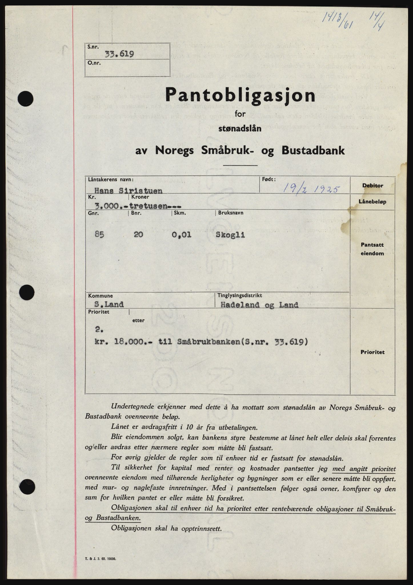 Hadeland og Land tingrett, SAH/TING-010/H/Hb/Hbc/L0045: Pantebok nr. B45, 1961-1961, Dagboknr: 1413/1961