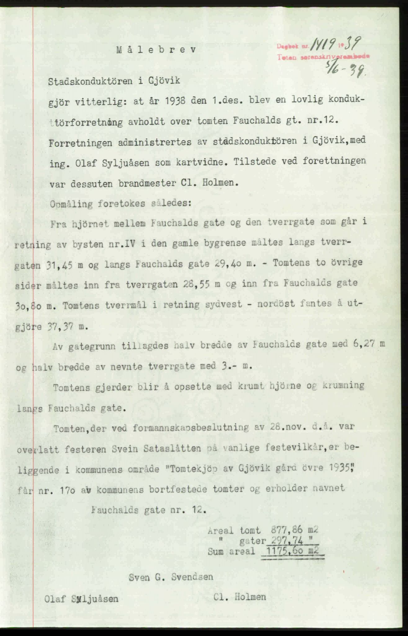 Toten tingrett, SAH/TING-006/H/Hb/Hbc/L0006: Pantebok nr. Hbc-06, 1939-1939, Dagboknr: 1419/1939
