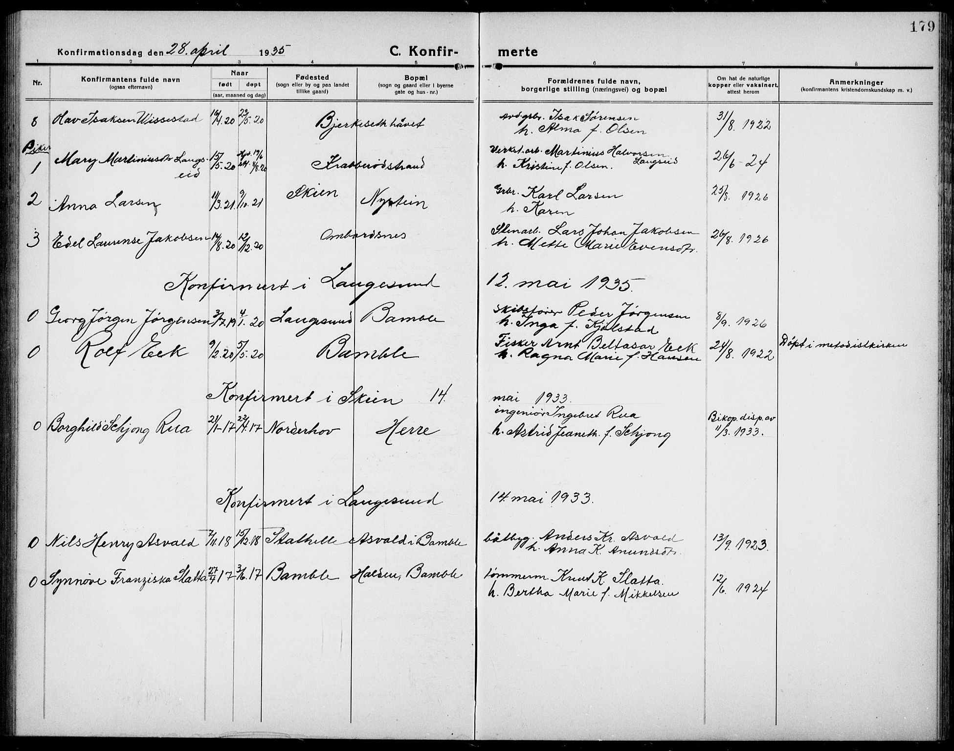 Bamble kirkebøker, AV/SAKO-A-253/G/Ga/L0011: Klokkerbok nr. I 11, 1920-1935, s. 179