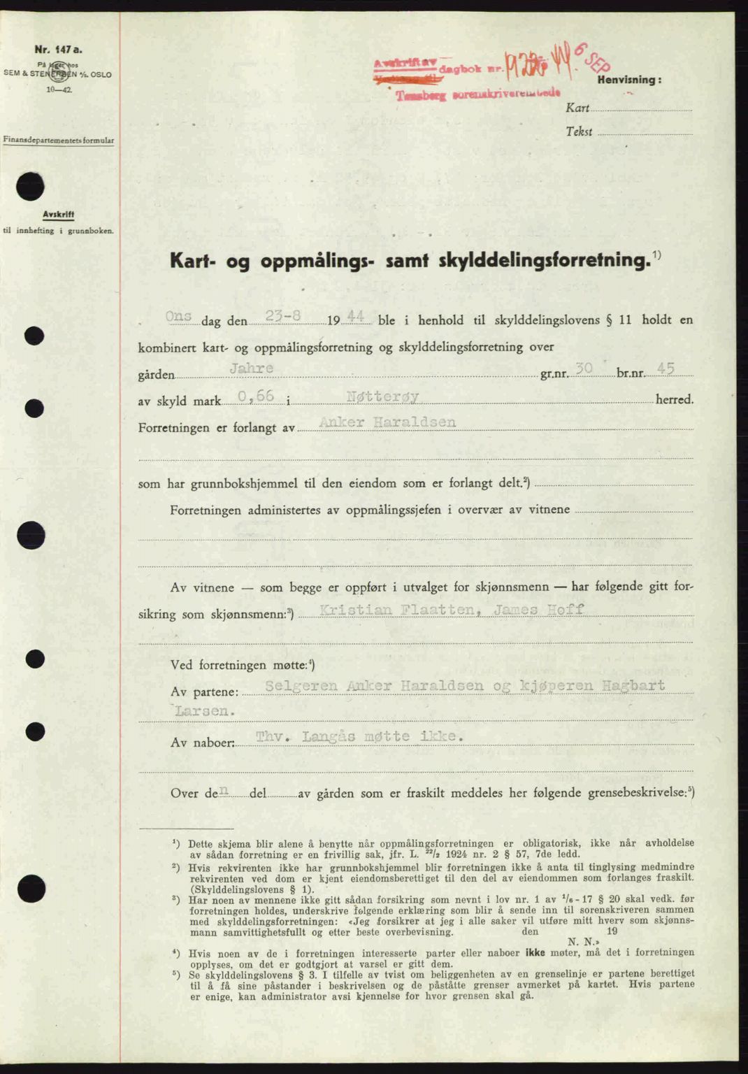 Tønsberg sorenskriveri, AV/SAKO-A-130/G/Ga/Gaa/L0016: Pantebok nr. A16, 1944-1945, Dagboknr: 1922/1944