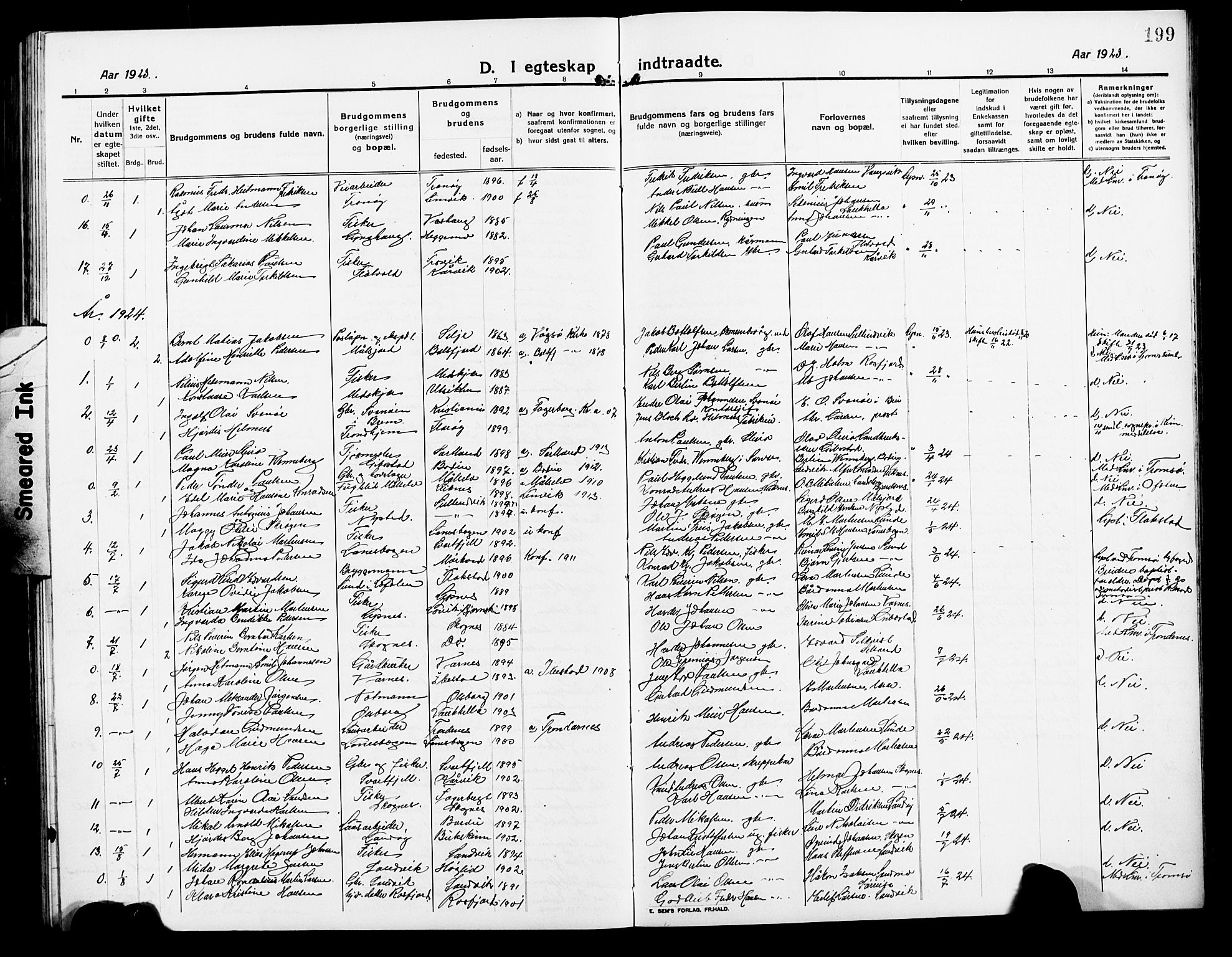Lenvik sokneprestembete, AV/SATØ-S-1310/H/Ha/Hab/L0009klokker: Klokkerbok nr. 9, 1912-1926, s. 199