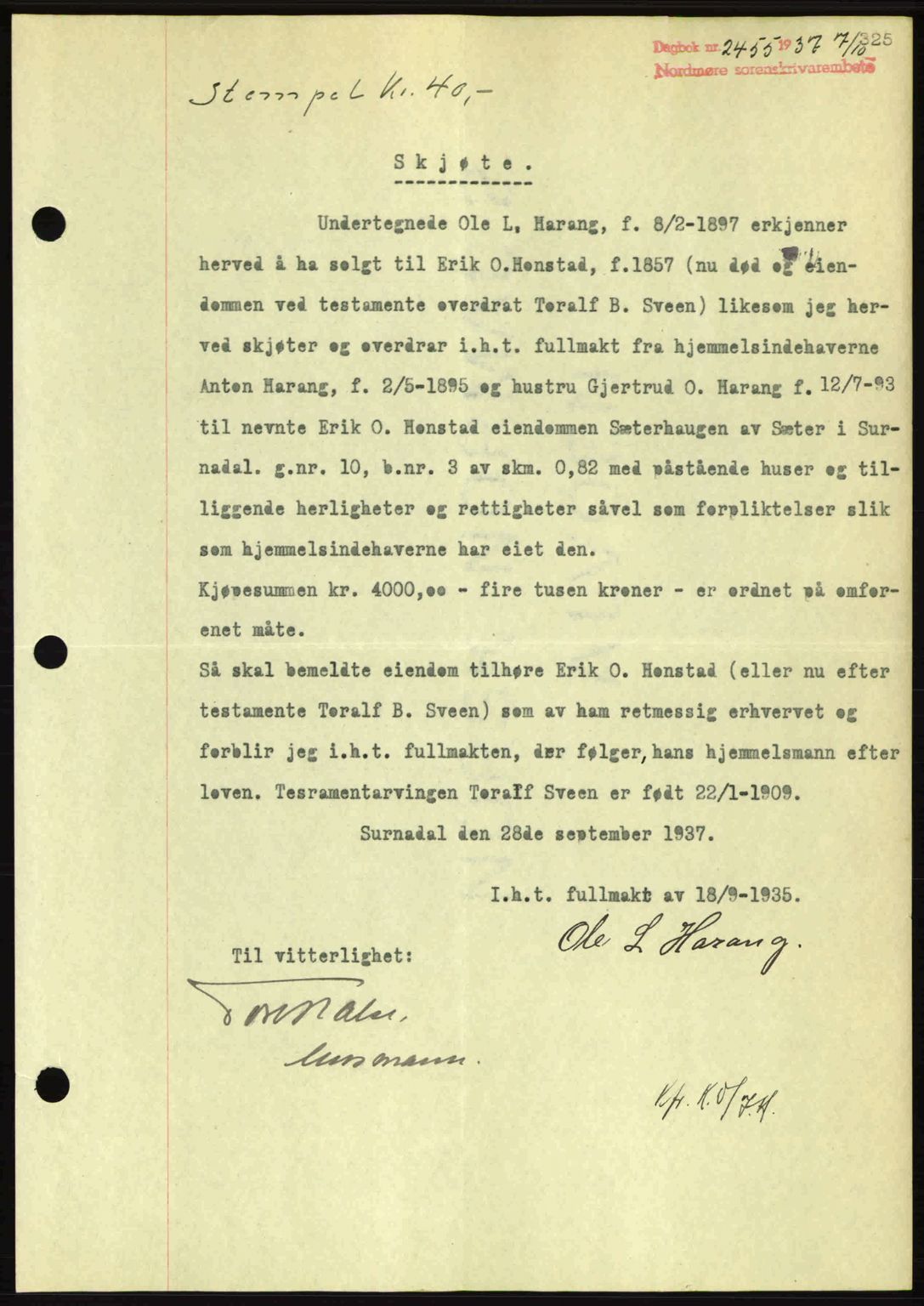 Nordmøre sorenskriveri, SAT/A-4132/1/2/2Ca: Pantebok nr. A82, 1937-1938, Dagboknr: 2455/1937