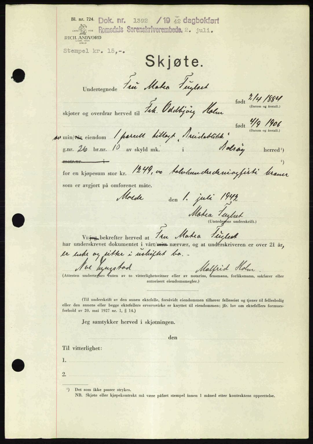 Romsdal sorenskriveri, SAT/A-4149/1/2/2C: Pantebok nr. A12, 1942-1942, Dagboknr: 1392/1942