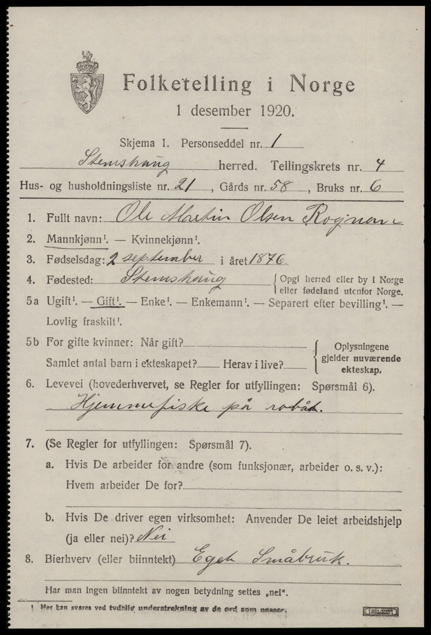 SAT, Folketelling 1920 for 1568 Stemshaug herred, 1920, s. 1880