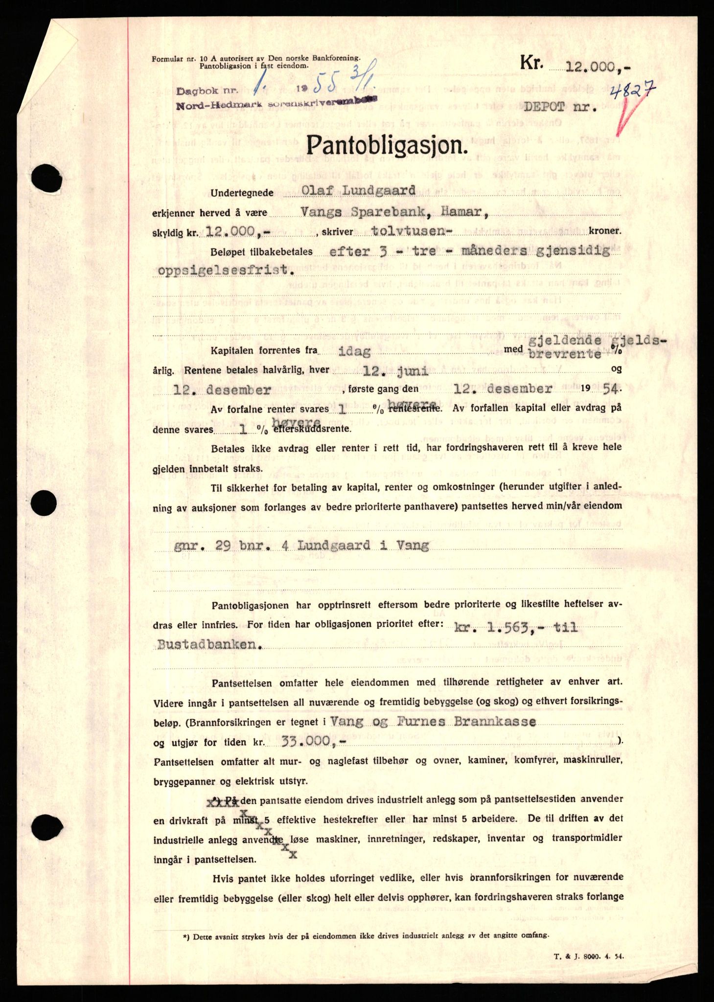 Nord-Hedmark sorenskriveri, SAH/TING-012/H/Hb/Hbf/L0032: Pantebok nr. B32, 1955-1955, Dagboknr: 1/1955