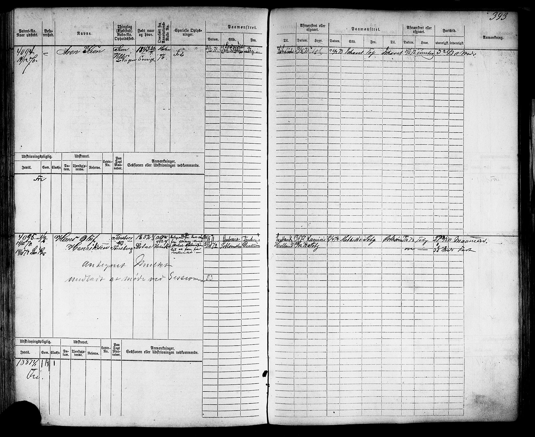 Tønsberg innrulleringskontor, AV/SAKO-A-786/F/Fc/Fca/L0006: Hovedrulle Patent nr. 3313-4407, 1869-1871, s. 397