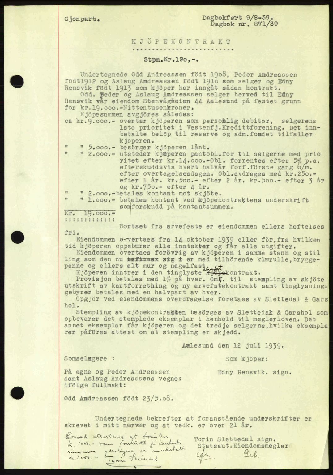 Ålesund byfogd, AV/SAT-A-4384: Pantebok nr. 34 II, 1938-1940, Dagboknr: 871/1939