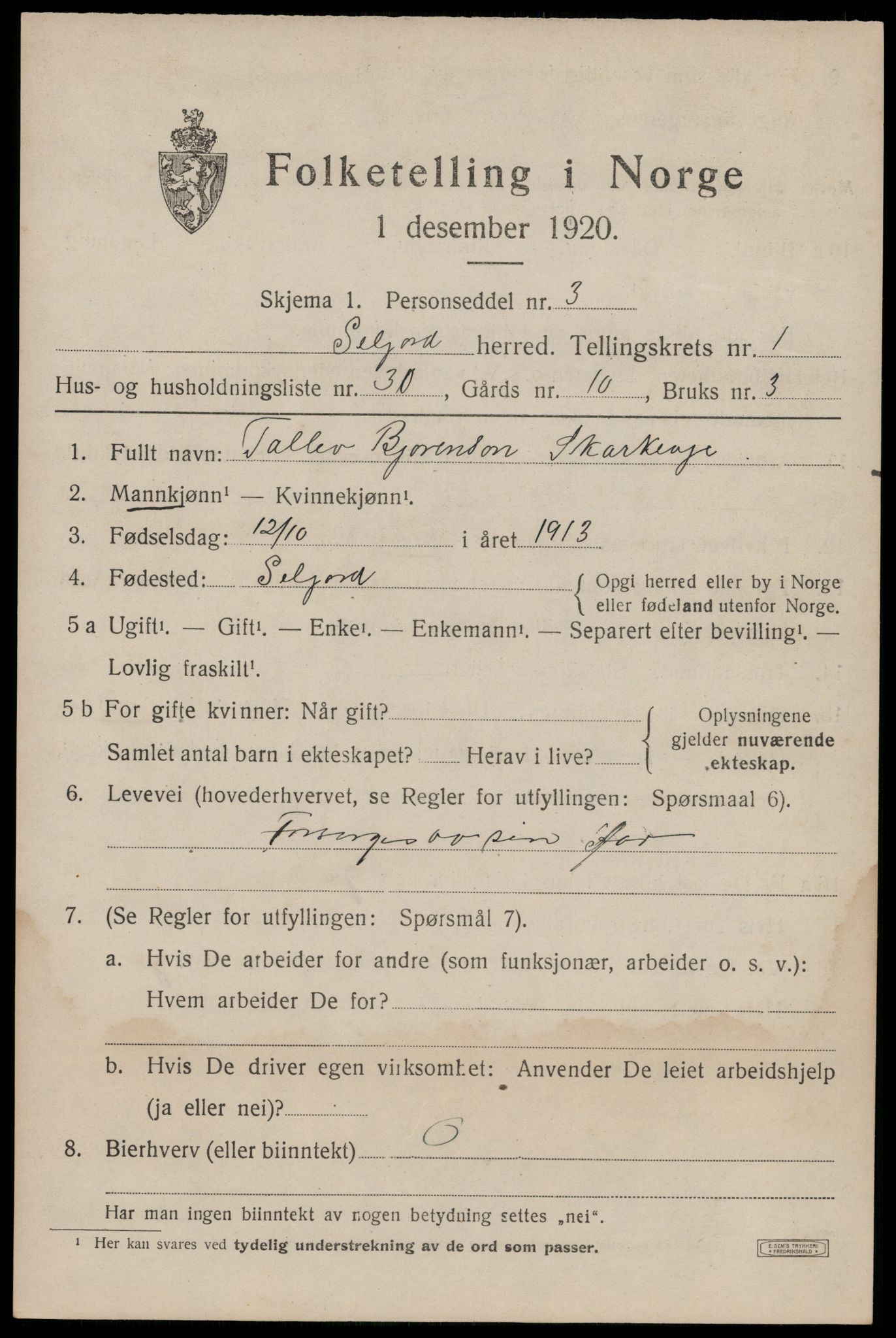 SAKO, Folketelling 1920 for 0828 Seljord herred, 1920, s. 1496