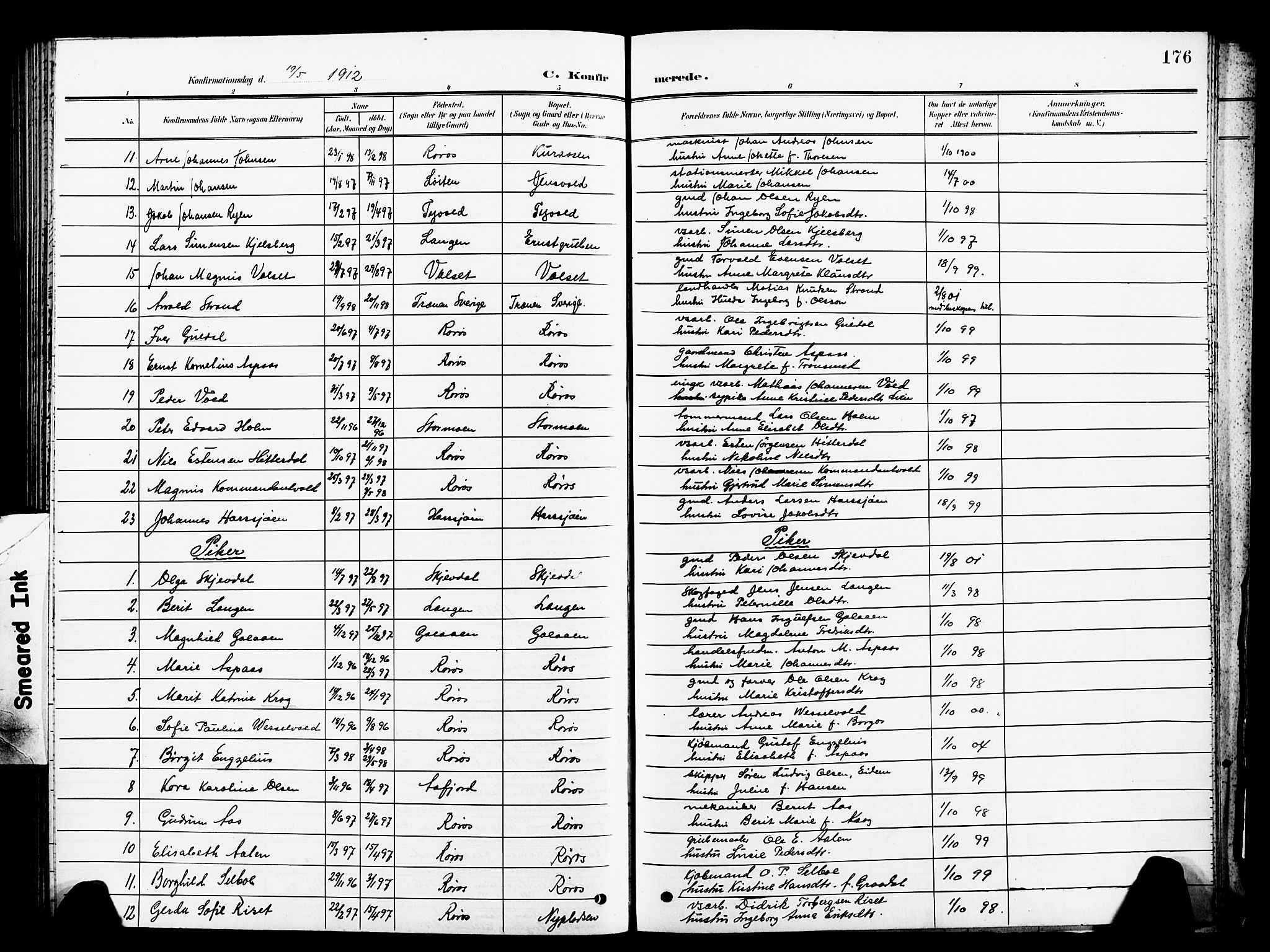 Ministerialprotokoller, klokkerbøker og fødselsregistre - Sør-Trøndelag, SAT/A-1456/681/L0942: Klokkerbok nr. 681C06, 1906-1925, s. 176