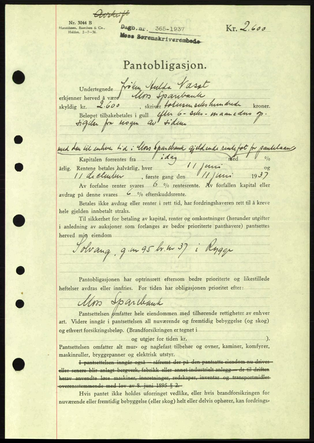 Moss sorenskriveri, SAO/A-10168: Pantebok nr. B3, 1937-1937, Dagboknr: 365/1937