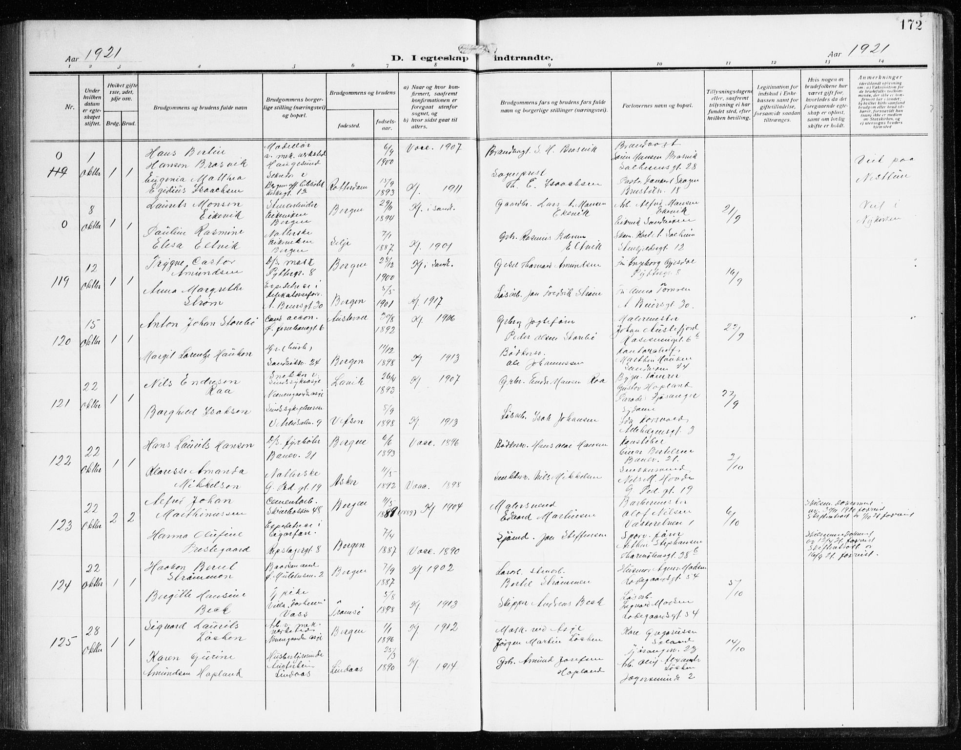 Sandviken Sokneprestembete, SAB/A-77601/H/Ha/L0015: Ministerialbok nr. D 2, 1911-1923, s. 172