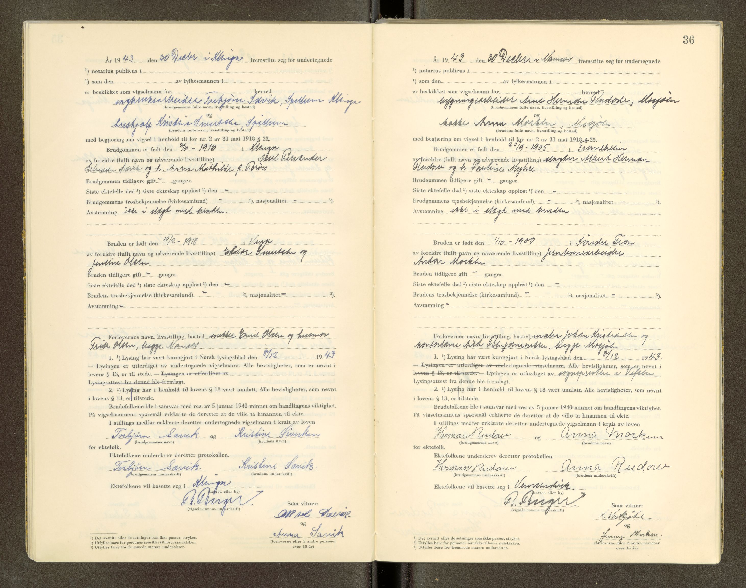 Namdal sorenskriveri, SAT/A-4133/1/6/6D/L0001: Vigselbøker, 1940-1948, s. 36