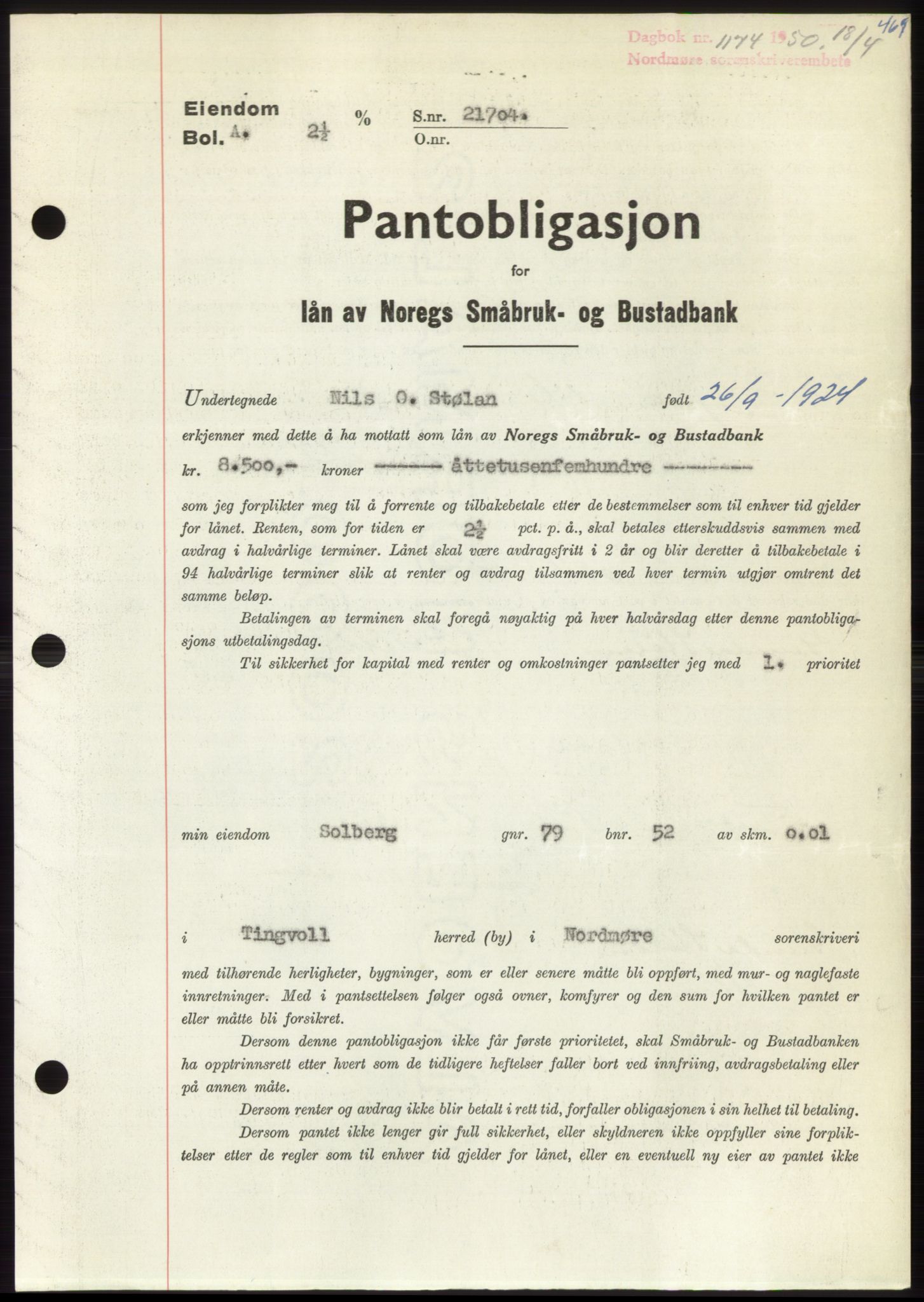 Nordmøre sorenskriveri, SAT/A-4132/1/2/2Ca: Pantebok nr. B104, 1950-1950, Dagboknr: 1174/1950