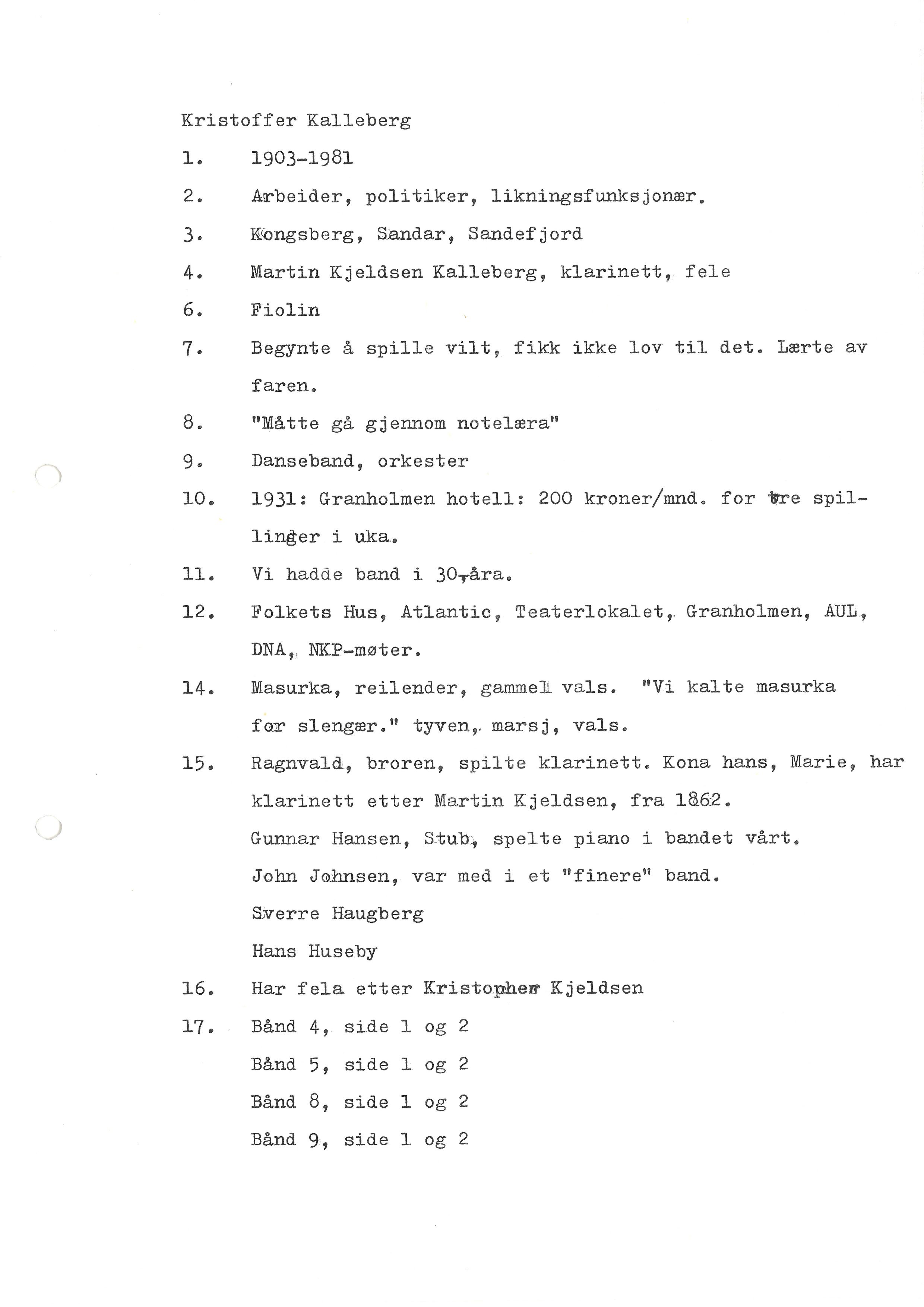 Sa 16 - Folkemusikk fra Vestfold, Gjerdesamlingen, VEMU/A-1868/I/L0001: Informantregister med intervjunedtegnelser, 1979-1986