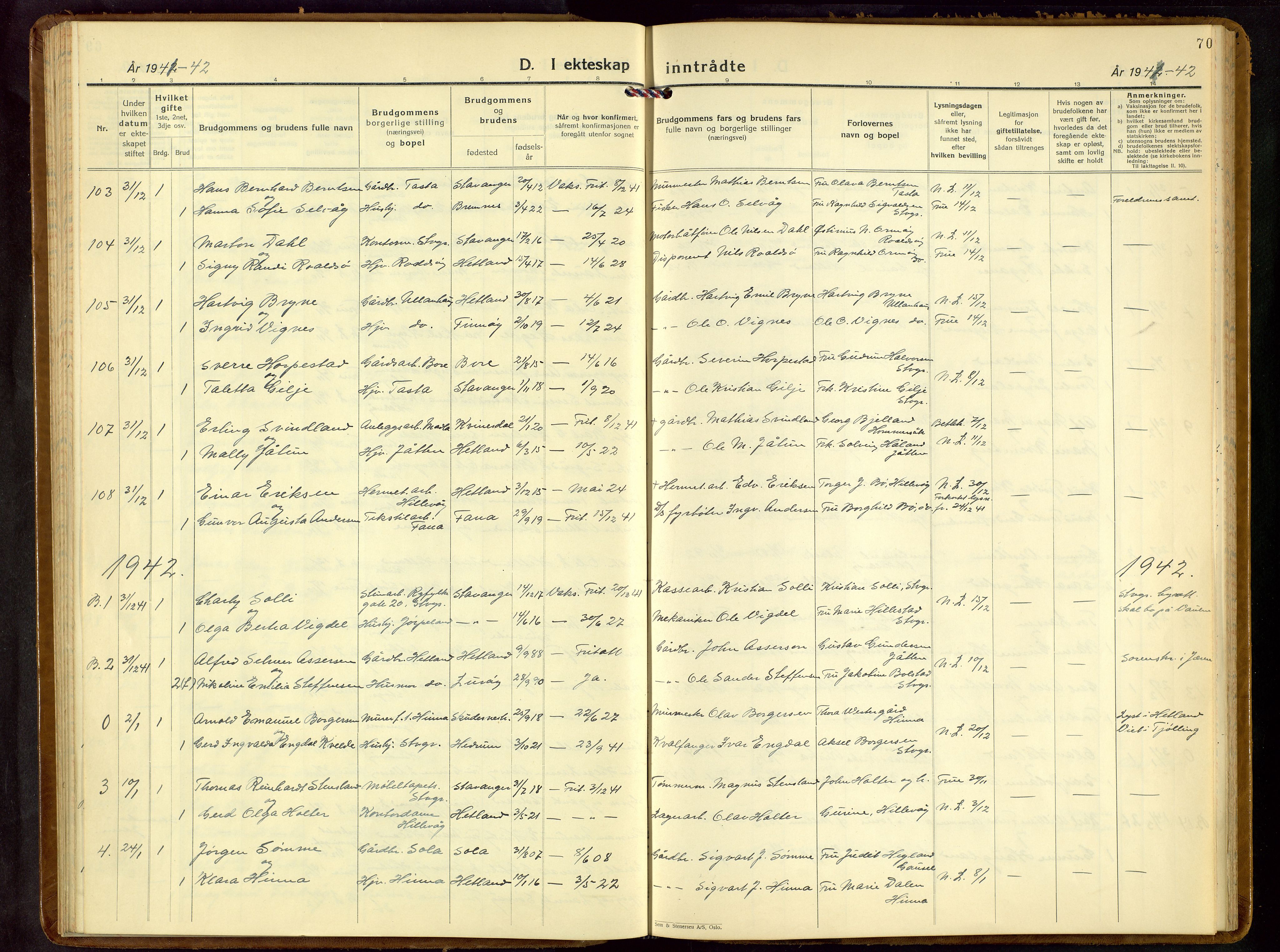 Hetland sokneprestkontor, SAST/A-101826/30/30BB/L0013: Klokkerbok nr. B 13, 1931-1952, s. 70