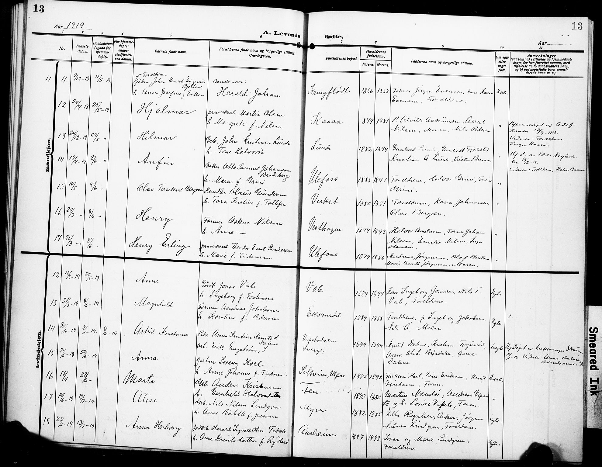 Holla kirkebøker, AV/SAKO-A-272/G/Ga/L0006: Klokkerbok nr. I 6, 1917-1928, s. 13