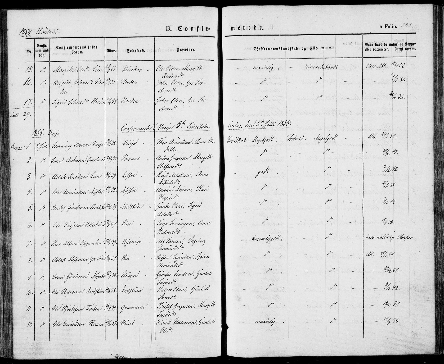 Vinje kirkebøker, AV/SAKO-A-312/F/Fa/L0004: Ministerialbok nr. I 4, 1843-1869, s. 208