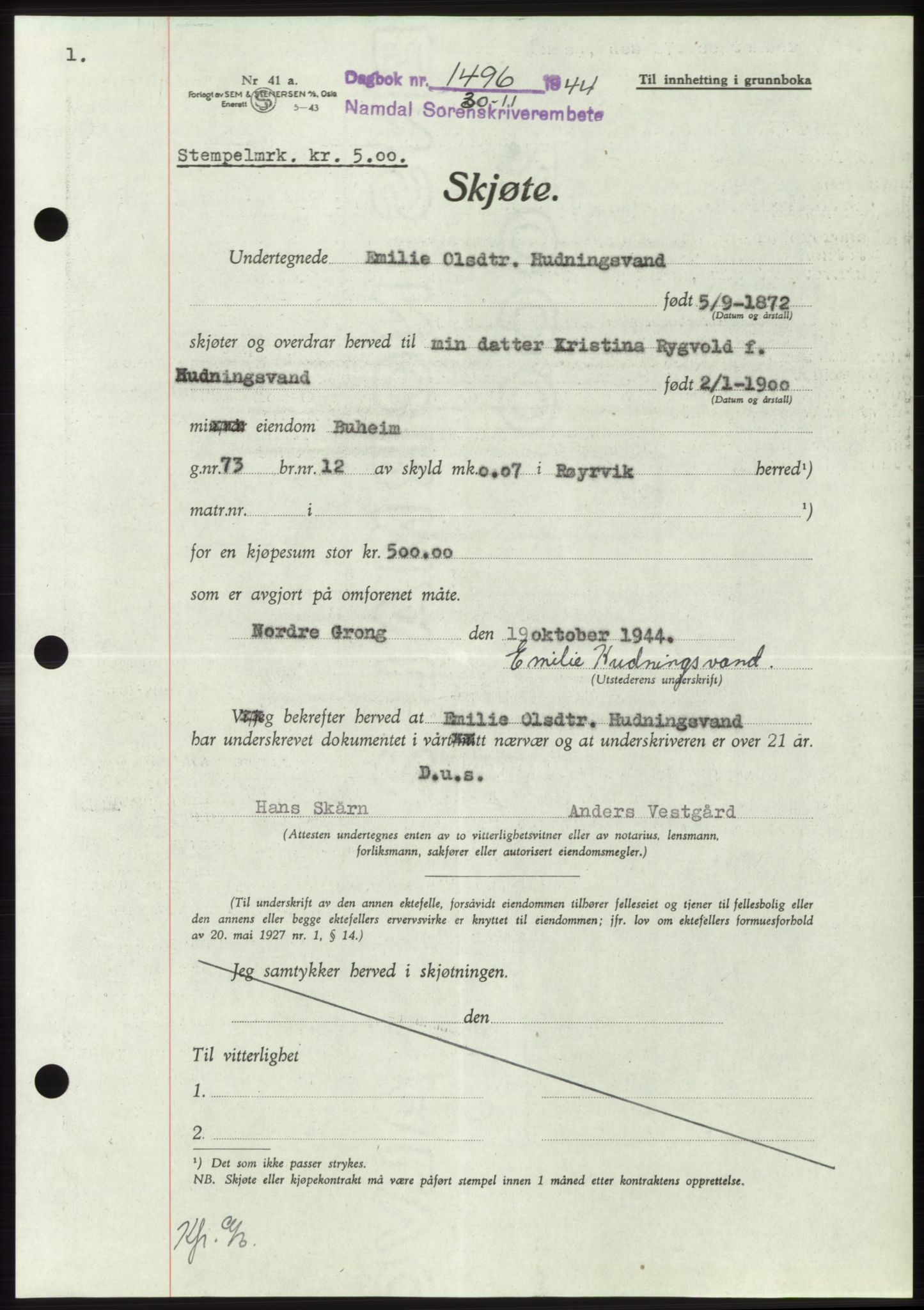 Namdal sorenskriveri, SAT/A-4133/1/2/2C: Pantebok nr. -, 1944-1945, Dagboknr: 1496/1944