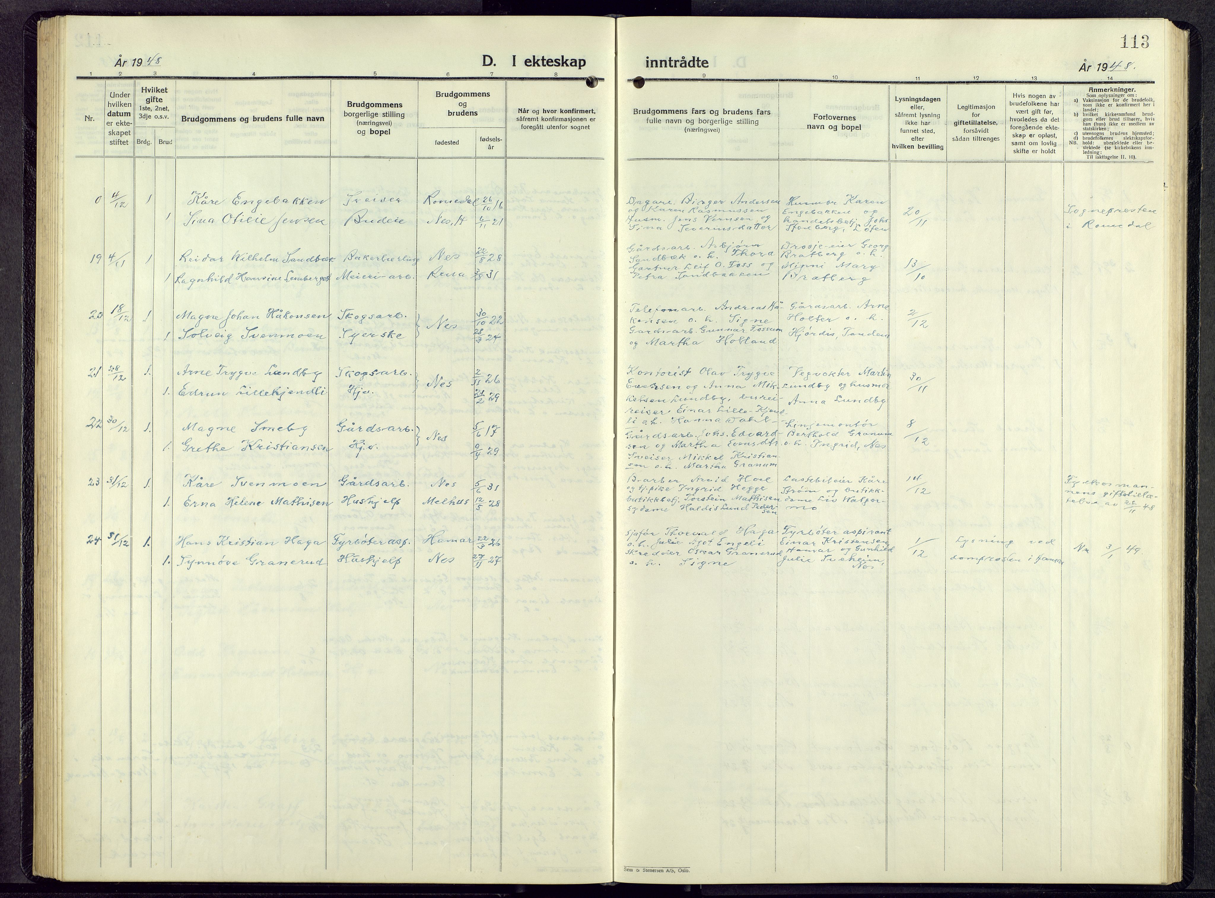 Nes prestekontor, Hedmark, AV/SAH-PREST-020/L/La/L0014: Klokkerbok nr. 14, 1948-1967, s. 113