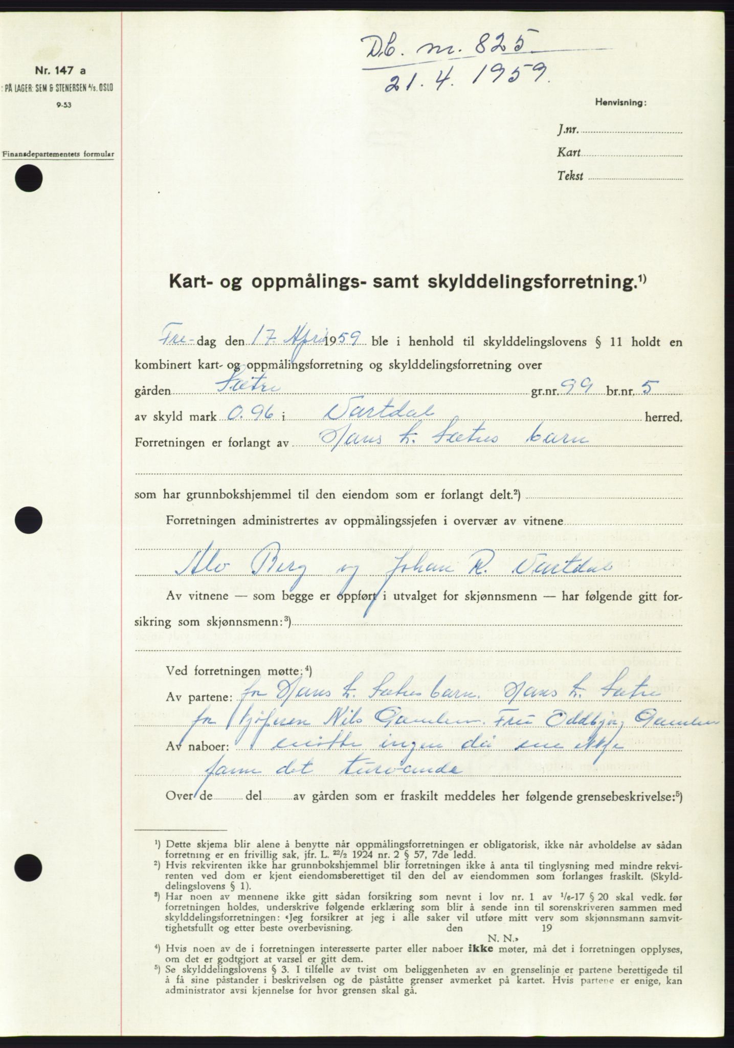 Søre Sunnmøre sorenskriveri, SAT/A-4122/1/2/2C/L0112: Pantebok nr. 38A, 1959-1959, Dagboknr: 825/1959