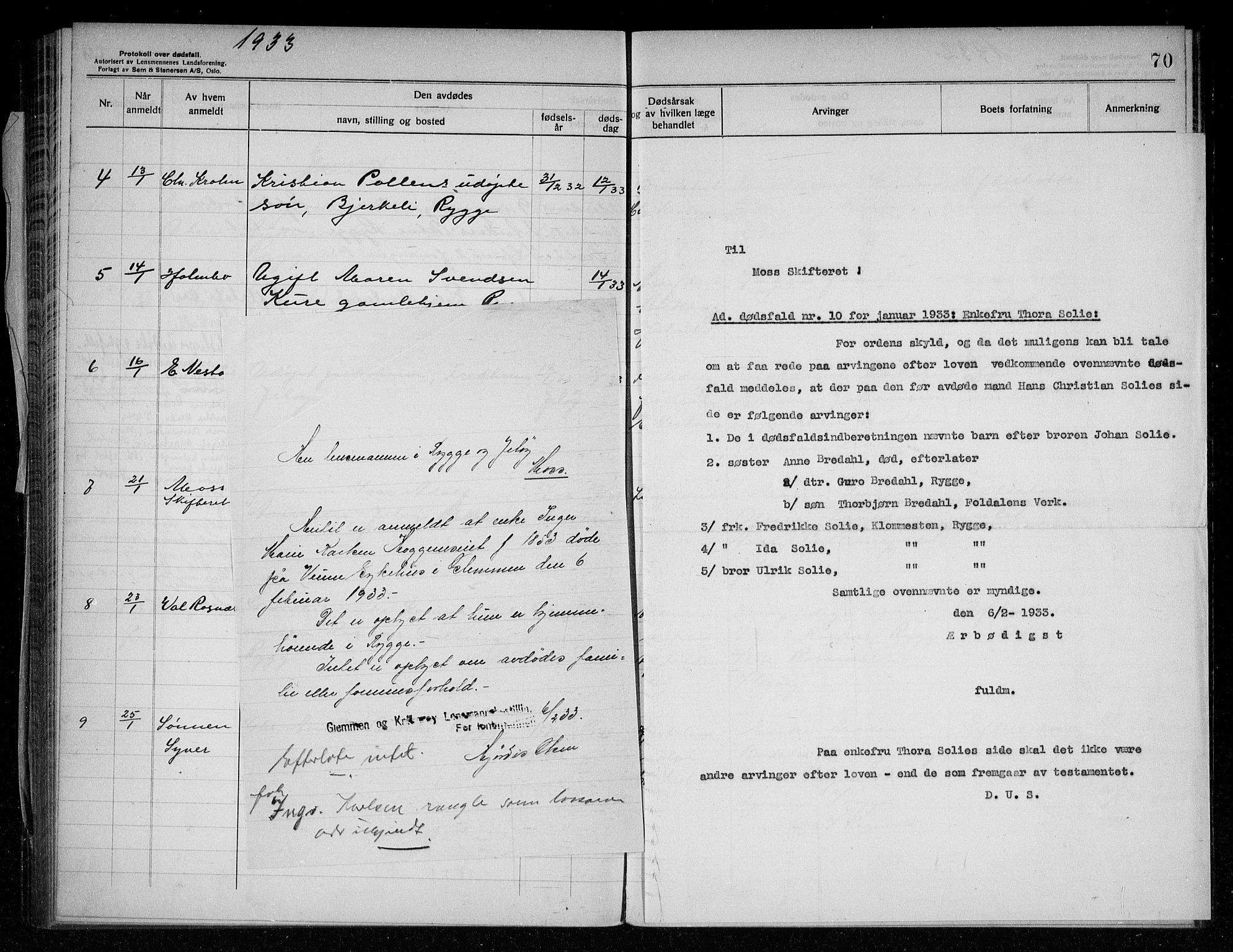 Rygge lensmannskontor, AV/SAO-A-10005/H/Ha/Haa/L0009: Dødsfallsprotokoll, 1929-1933, s. 70