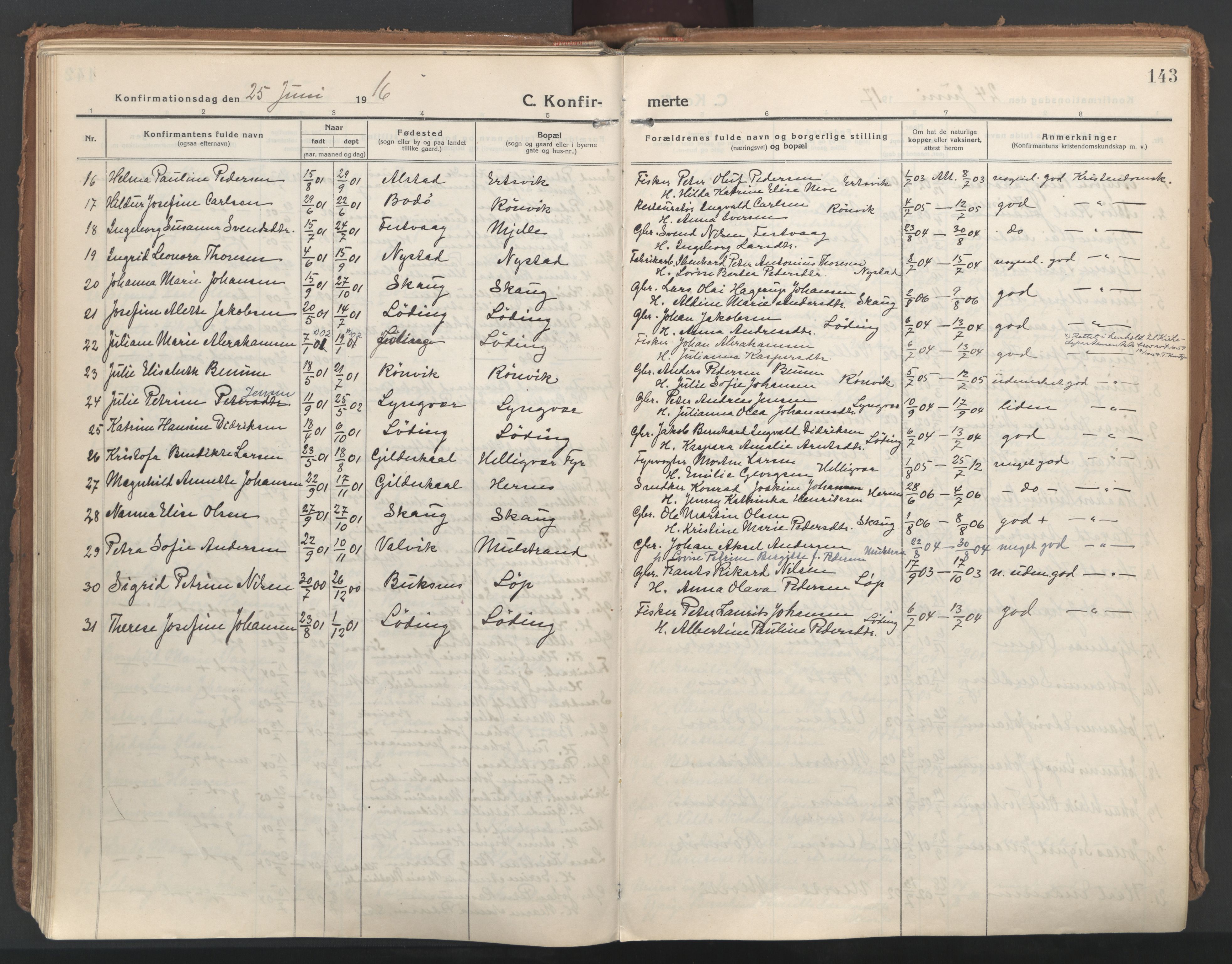 Ministerialprotokoller, klokkerbøker og fødselsregistre - Nordland, AV/SAT-A-1459/802/L0060: Ministerialbok nr. 802A07, 1916-1933, s. 143