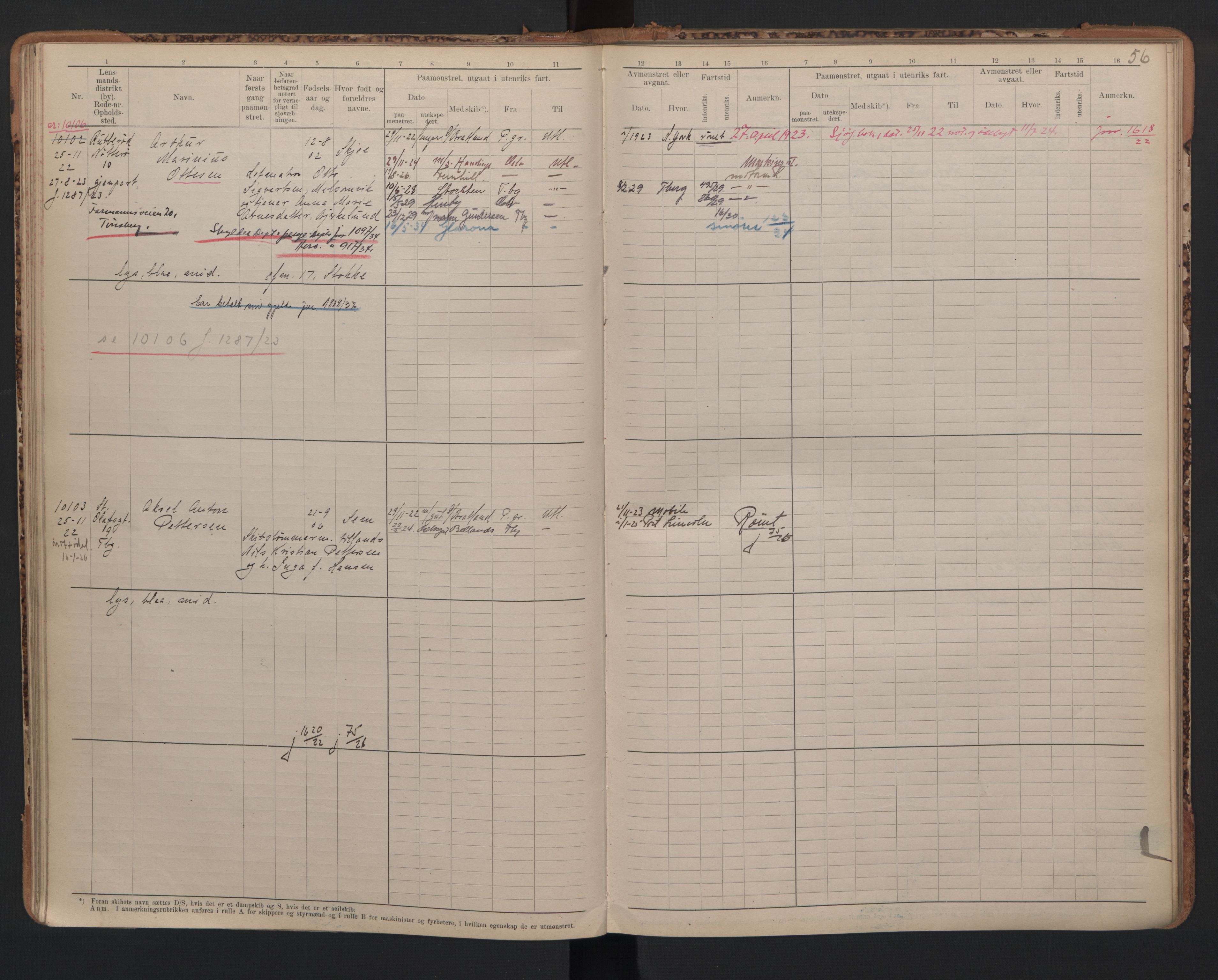 Tønsberg innrulleringskontor, AV/SAKO-A-786/F/Fc/Fcb/L0010: Hovedrulle Patent nr. 9993-1923, 1922-1923, s. 56