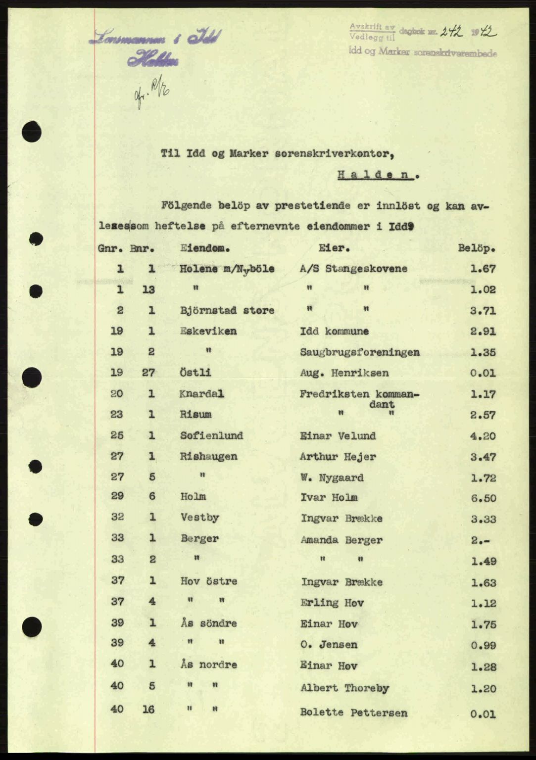 Idd og Marker sorenskriveri, AV/SAO-A-10283/G/Gb/Gbb/L0005: Pantebok nr. A5, 1941-1943, Dagboknr: 242/1942