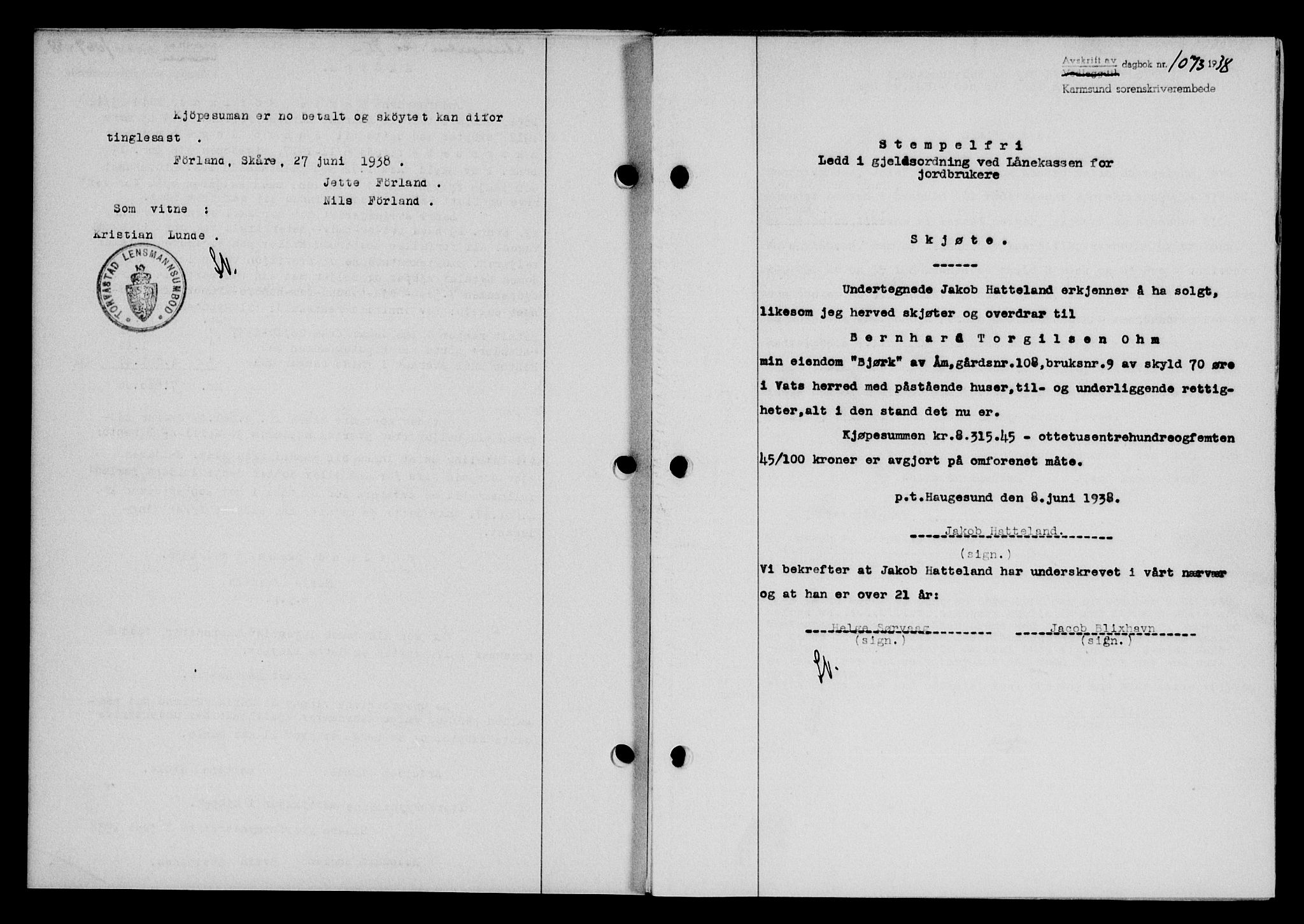 Karmsund sorenskriveri, SAST/A-100311/01/II/IIB/L0069: Pantebok nr. 50A, 1937-1938, Dagboknr: 1073/1938