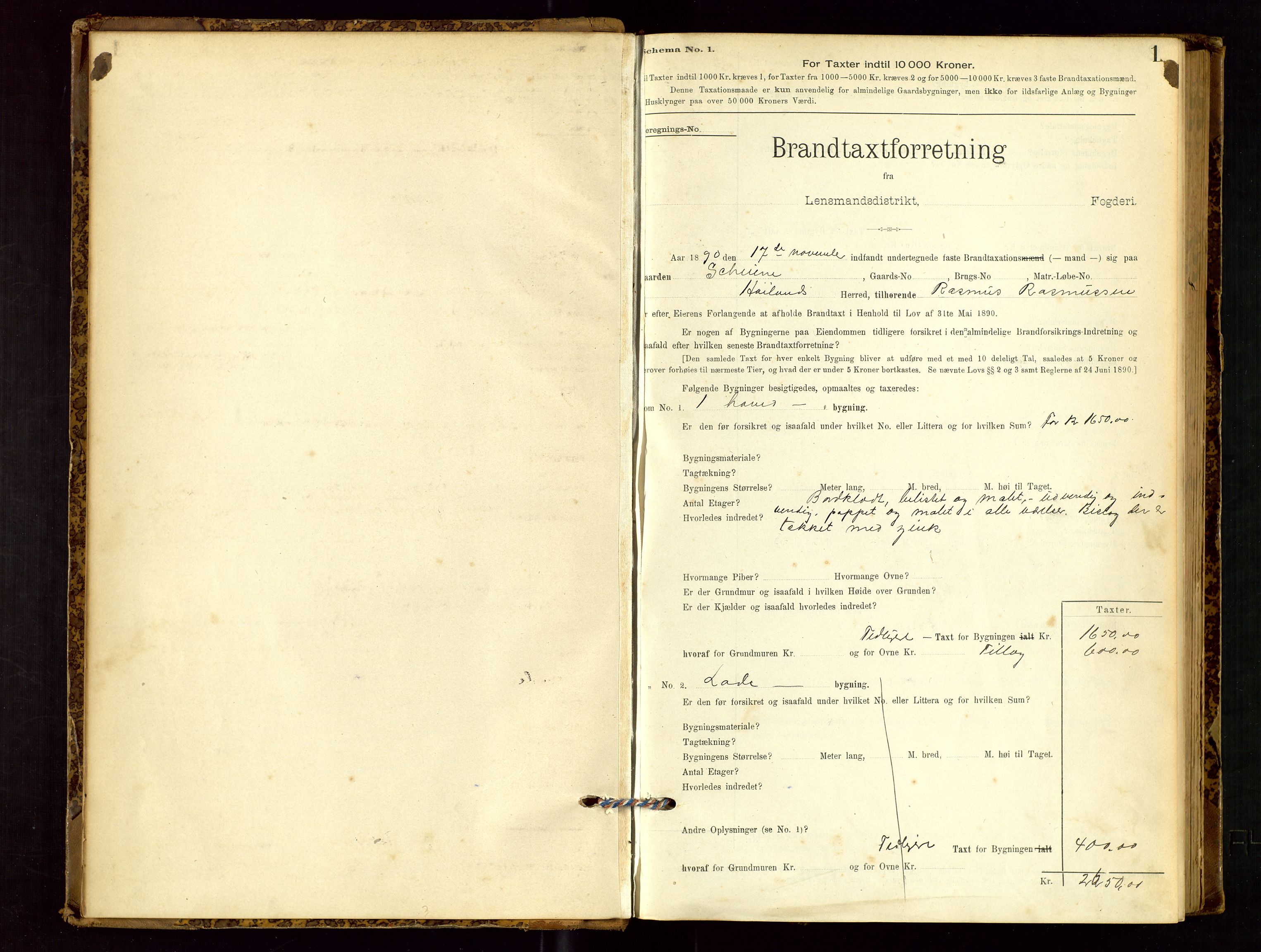 Høyland/Sandnes lensmannskontor, SAST/A-100166/Gob/L0001: "Brandtaxtprotokol", 1890-1913, s. 1