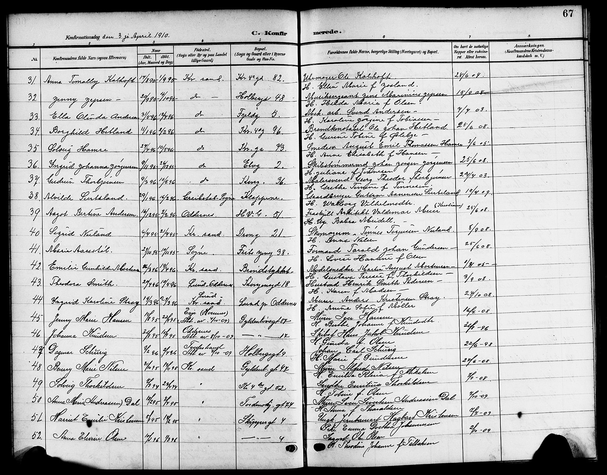 Kristiansand domprosti, AV/SAK-1112-0006/F/Fb/L0020: Klokkerbok nr. B 20, 1906-1915, s. 67