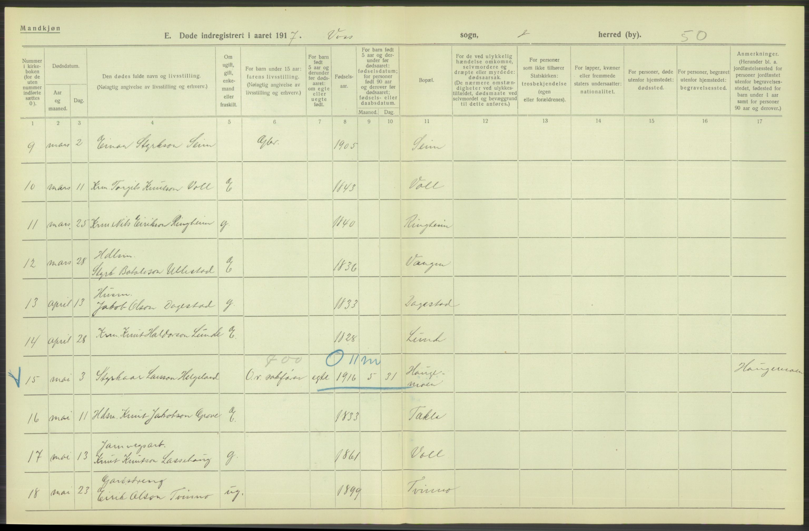 Statistisk sentralbyrå, Sosiodemografiske emner, Befolkning, RA/S-2228/D/Df/Dfb/Dfbg/L0036: S. Bergenhus amt: Døde, dødfødte. Bygder., 1917, s. 648