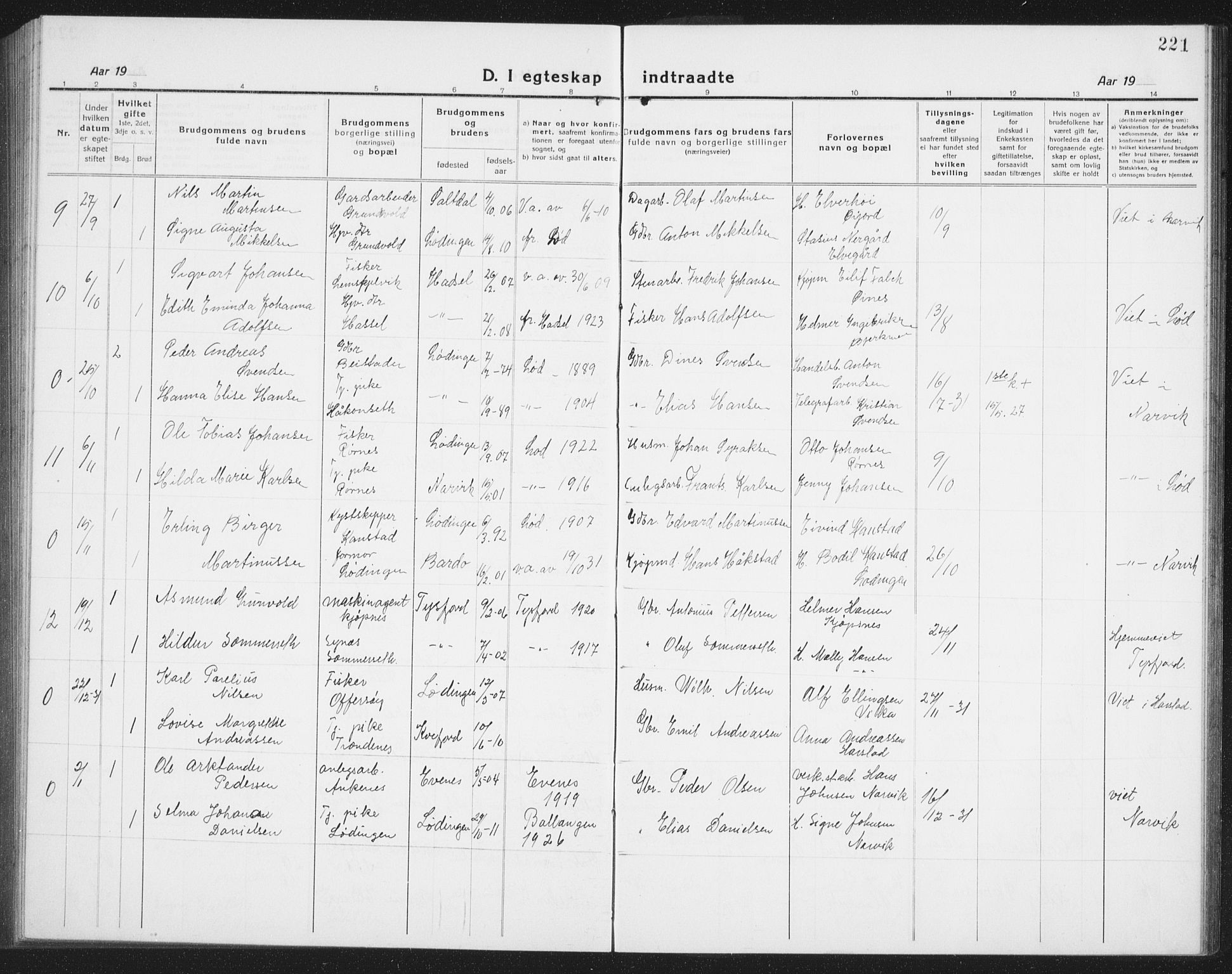 Ministerialprotokoller, klokkerbøker og fødselsregistre - Nordland, AV/SAT-A-1459/872/L1049: Klokkerbok nr. 872C05, 1920-1938, s. 221