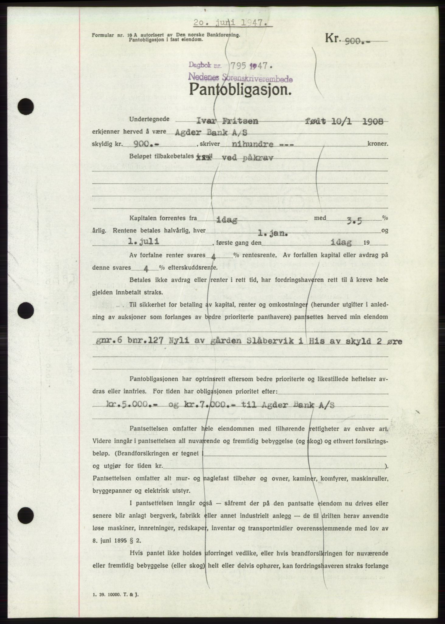 Nedenes sorenskriveri, SAK/1221-0006/G/Gb/Gbb/L0004: Pantebok nr. B4, 1947-1947, Dagboknr: 795/1947